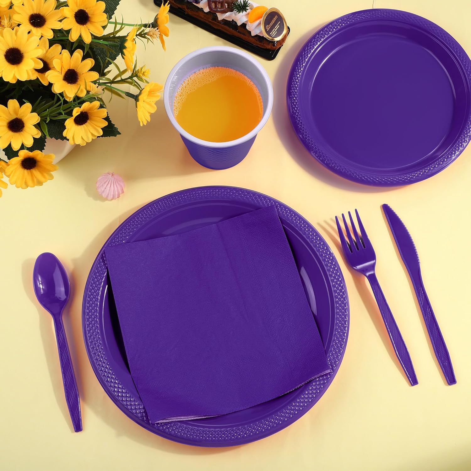 ADXCO 350 Pieces Dark Purple Party Supplies Disposable Dinnerware Set Including Plastic Plates Cups Knives Forks Spoons Paper Napkins Serve 50 Guests for Birthday Wedding Graduation Parties