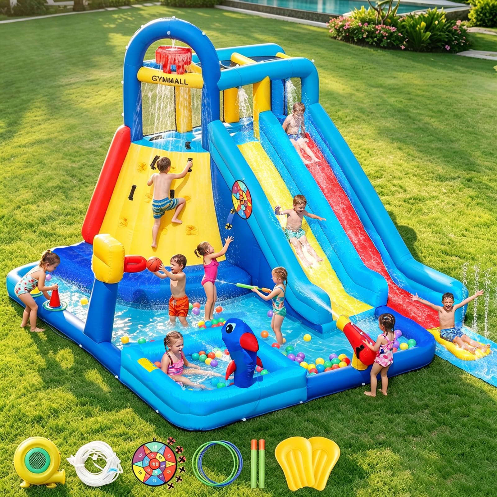 GYMMAL Castillo Hinchable para Niños, Parque Infantil Exterior, con Pared de Escalada y Tobogán Doble - Hinchable para Niños 3-12 Años (4x3,6x2,6m) Global Recycled Standard Global Recycled Standard Global Recycled Standard