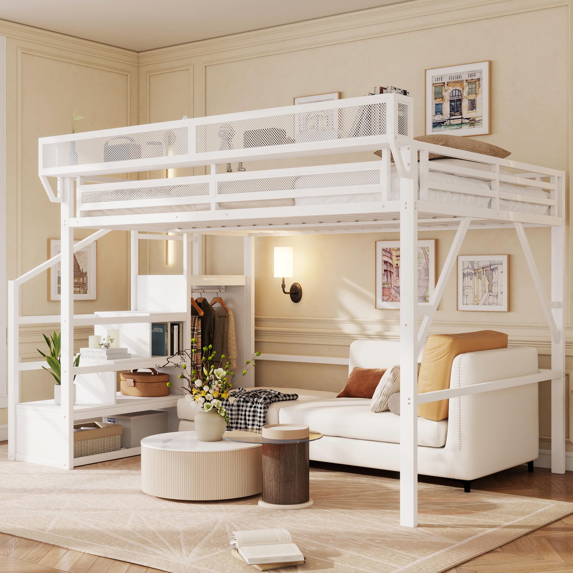Queen Size Loft Bed with Stairs and Storage, Metal Loft Bed Frame with Bedside Shelf and Large Under-Bed Space, Heavy-Duty Loft Beds for Adults Teens and Kids, Convertible Staircase, White