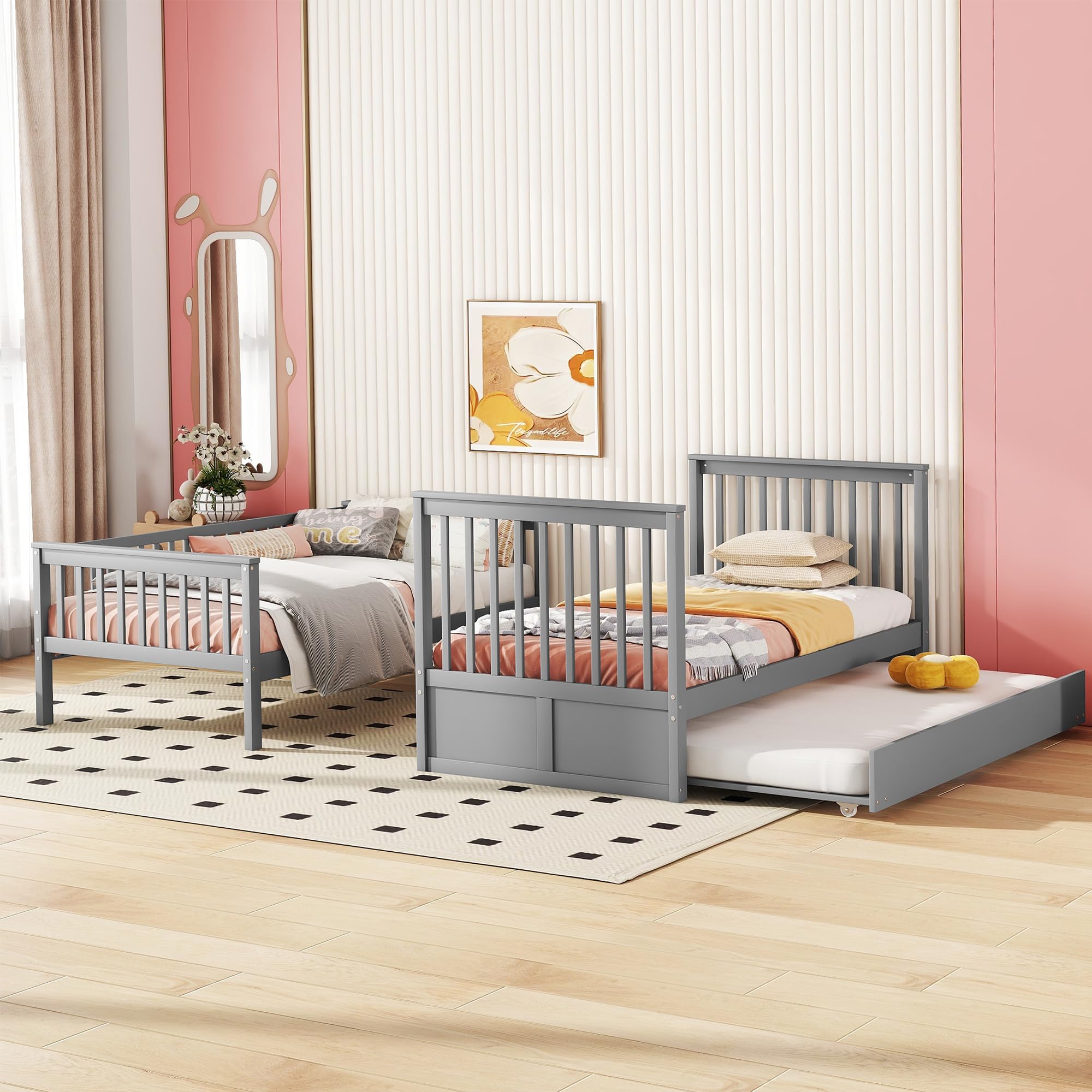 Azkoeesy Letto a castello con secondo letto estraibile, per 3 adolescenti e adulti, 90 x 200 + 90 x 190 cm, struttura letto trasformabile, Legno di pino, Grigio