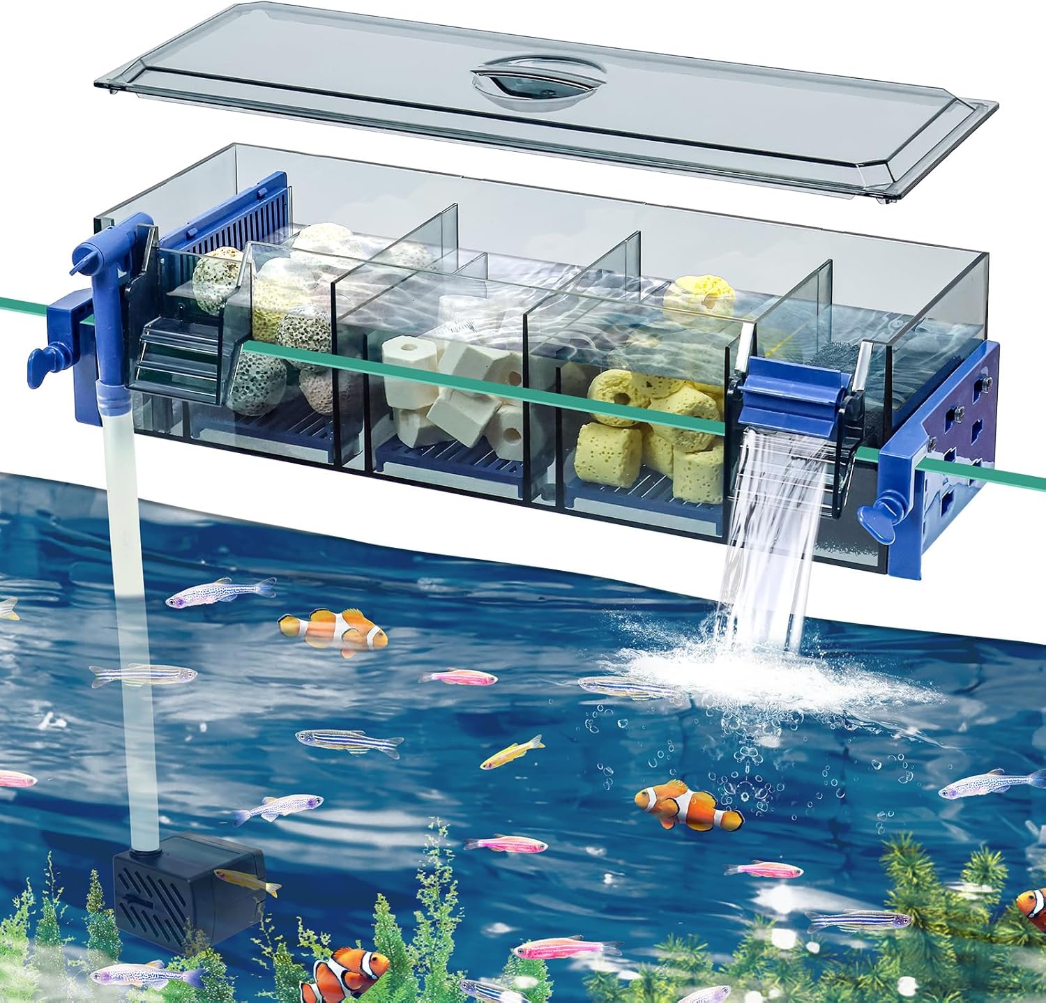 Multi Layer Aquarium Fish Tank Filter with Waterfall Oxygenation Suitable for 5-50 Gallon Fish Tanks, Flexible Mounting, Dust & Splash Protection (L (30-50 Gallon))