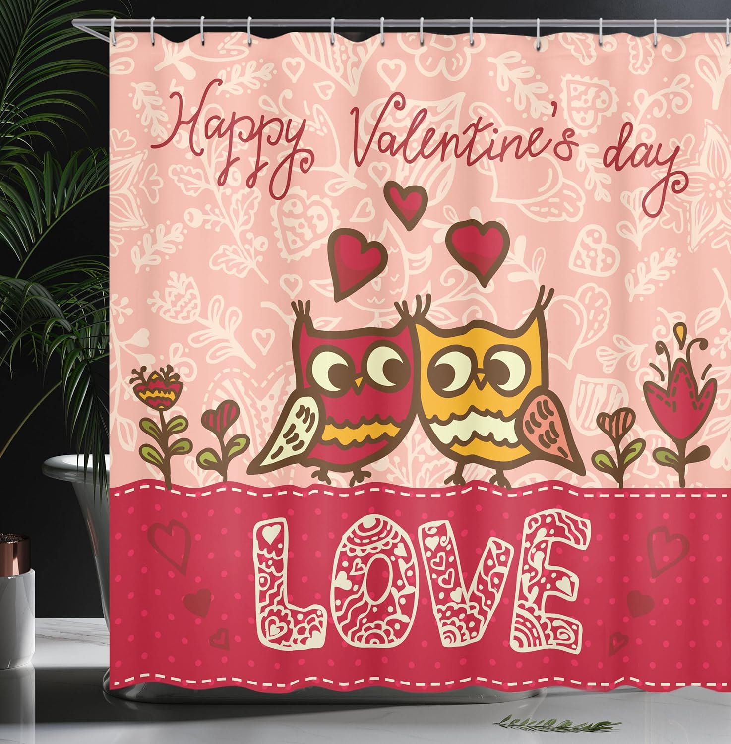 Ambesonne Valentines Day Shower Curtain, Owls in Love Print Partners Couples Boho Style Hearts Flowers Dots, Cloth Fabric Bathroom Decor Set with Hooks, 69" W x 70" L, Pink Red Yellow