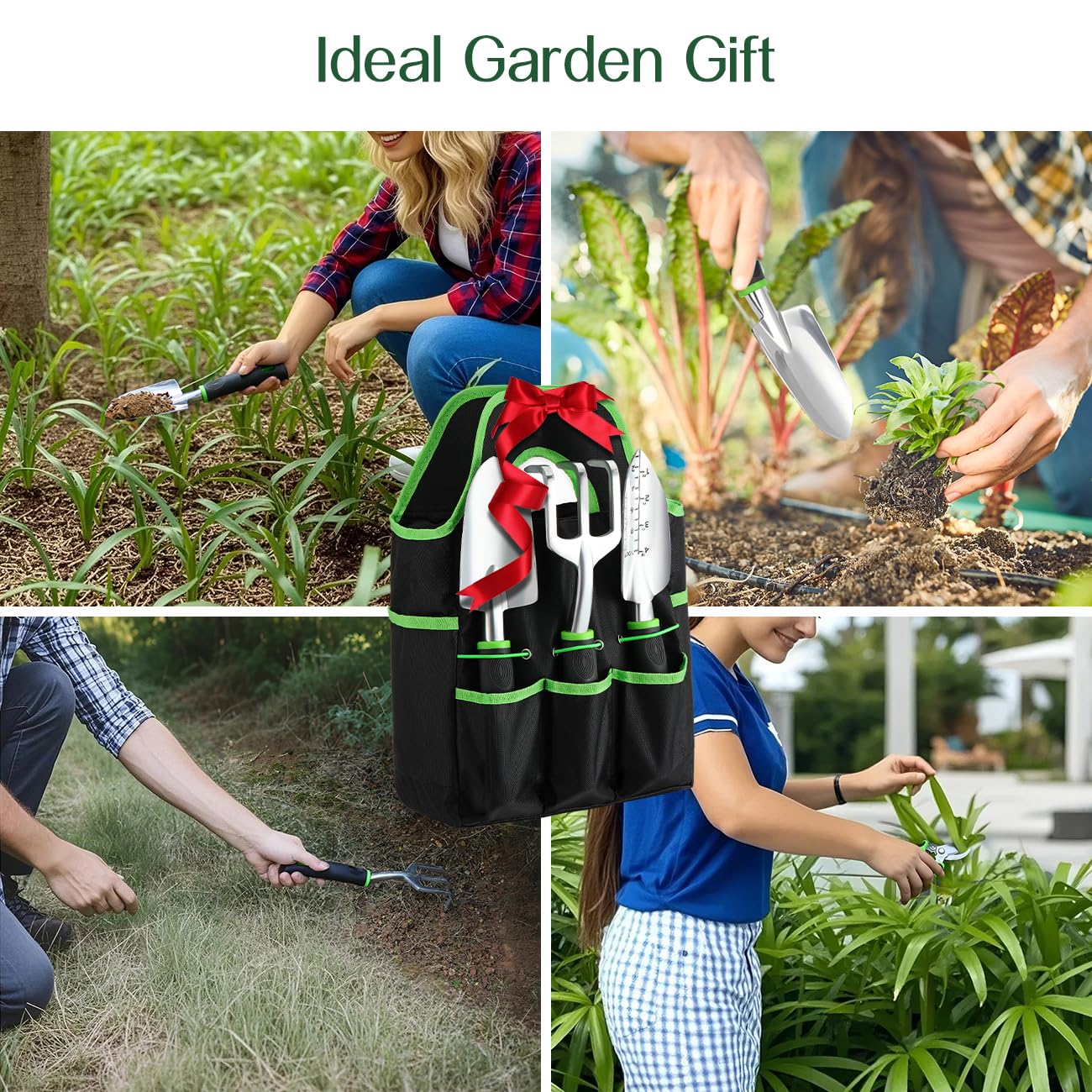 Housolution Juego de Herramientas de Jardín, 8 PCS, Kit de Herramientas de Mano de Jardinería, Suministros de Jardinería de Aleación de Aluminio Resistente con Mango, Bolsa de Almacenamiento, Verde