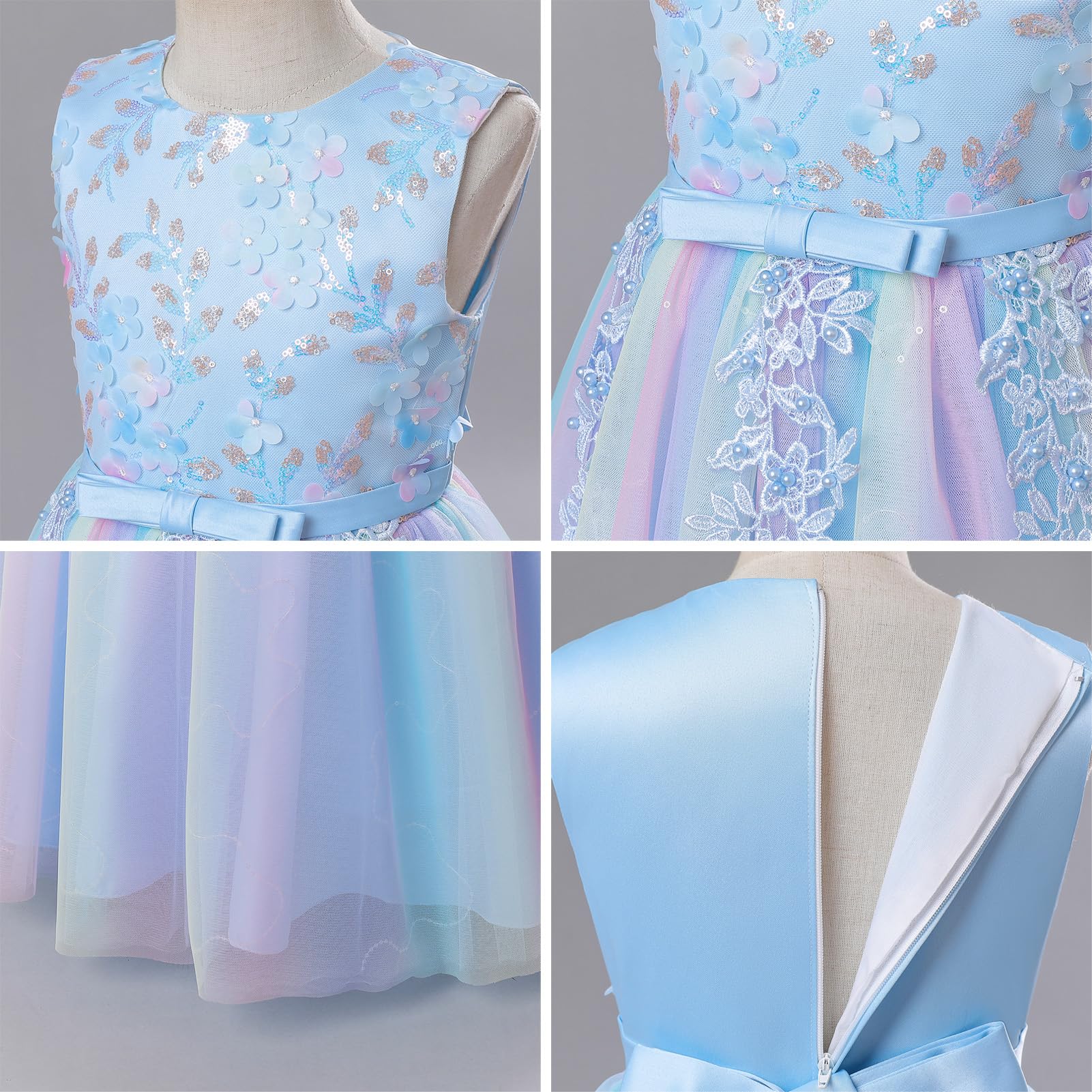 IBAKOM - Vestido de princesa para niñas, con lentejuelas brillantes sin mangas, 3D, flor con volantes de tul tutú, vestido de niña de flores, fiesta de boda, cumpleaños