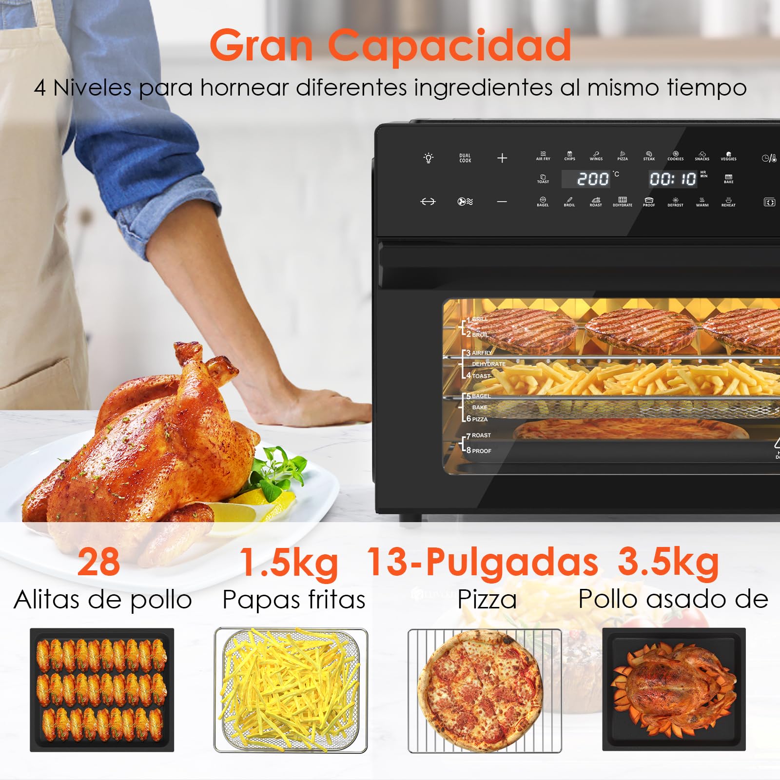 LLIVEKIT Freidora de Aire XXL 30 L con Asador Giratorio, 20 Programas | Horno Freidora sin Aceite con 9 Accesorios, Air Fryer Pantalla Táctil LED, Convección con Recetas, 1800W, 80°C-230°C