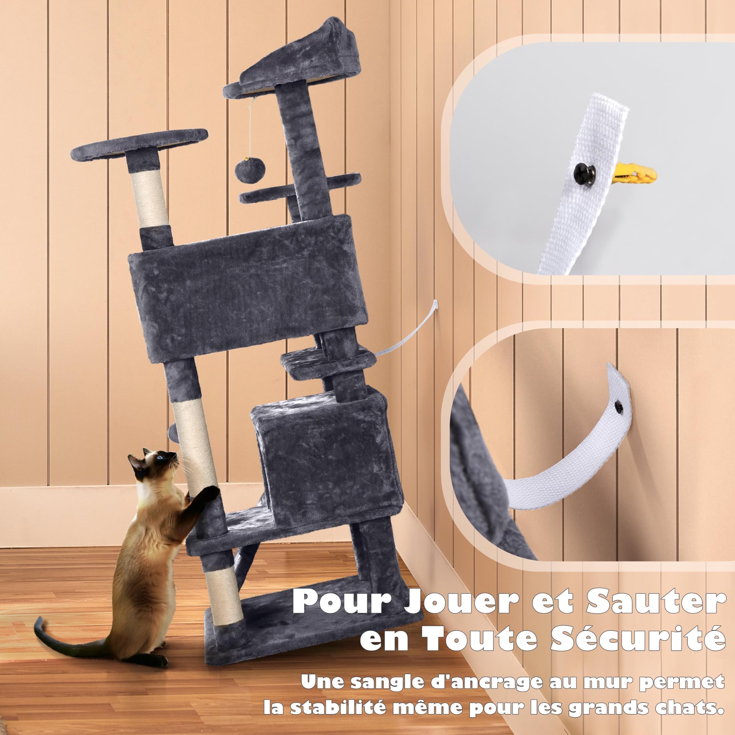Yaheetech Arbre à Chat 139 cm, Arbre à Grimper avec 2 Niches 3 Plateformes 2 Boules en Sisal Multi-Niveaux Idéal pour 3-4 Chats, Gris Foncé