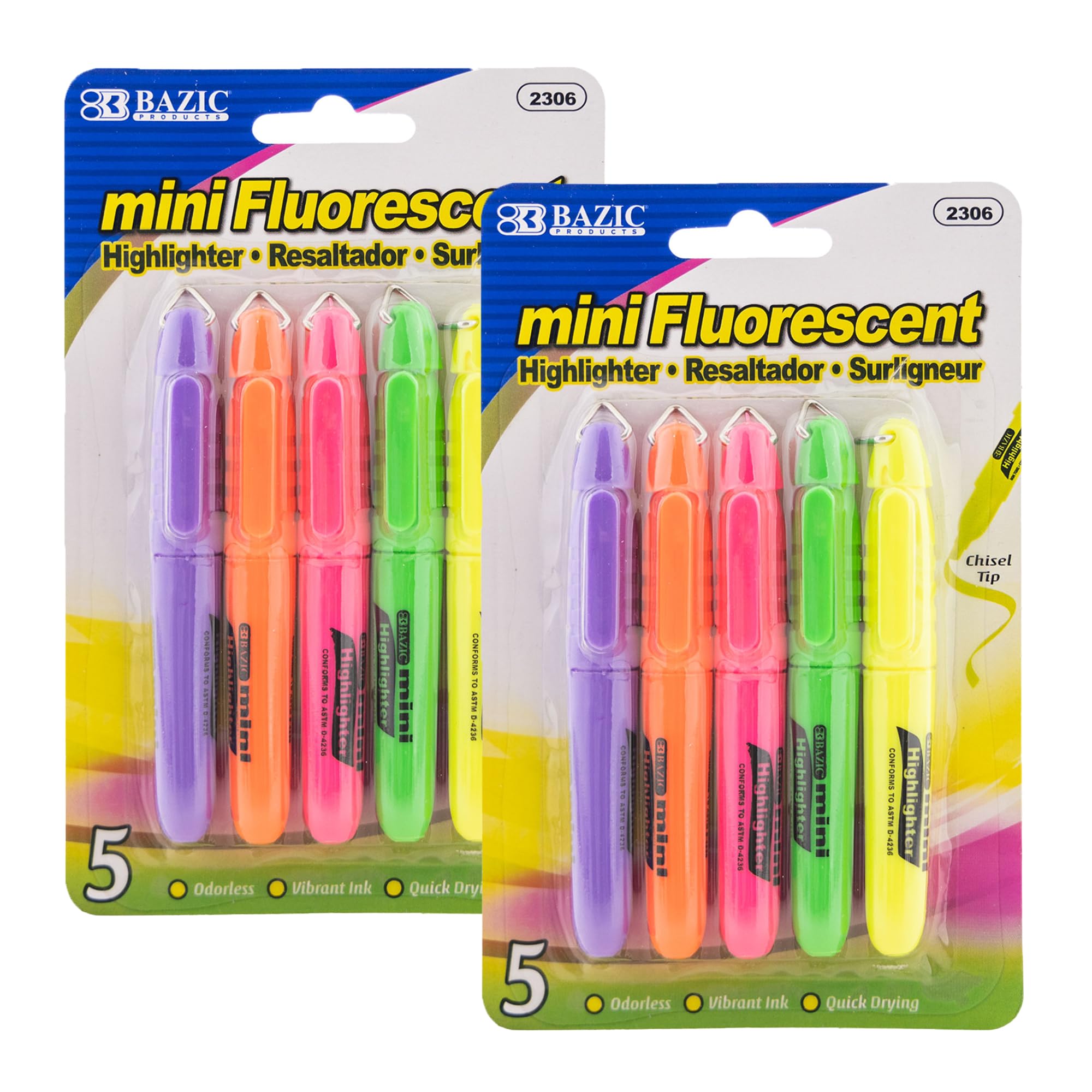 BAZIC Mini Highlighter Pen Assorted Color, Chisel Tip Broad Fine Line Highlighters, Unscented Highlighting Coloring for School Office (5/Pack), 2-Packs