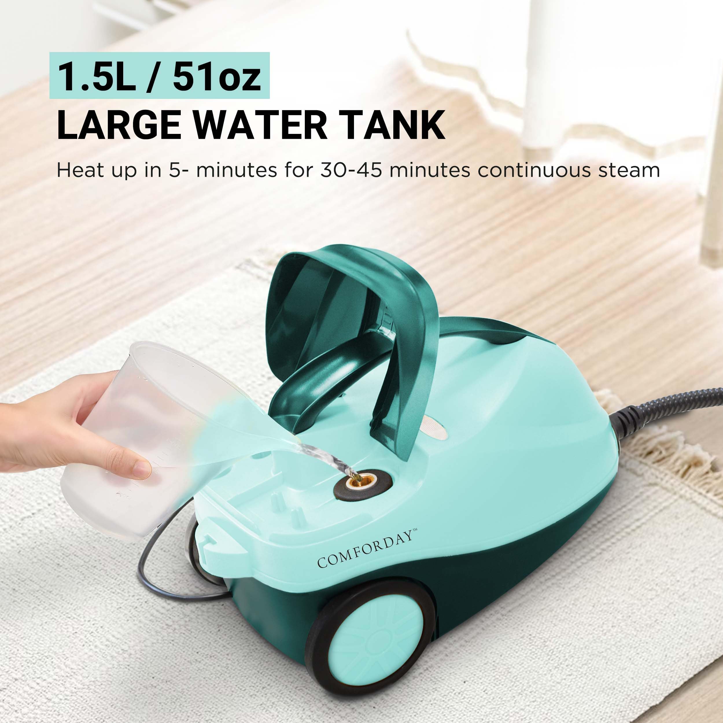 Comforday Limpiador a Vapor de 2000 W con 17 Accesorios, Tanque de 1,5 L (51 Oz) y Cable de 3 M – Ideal para Limpiar Pisos, Cocinas, Ventanas, Hornos y Automóviles