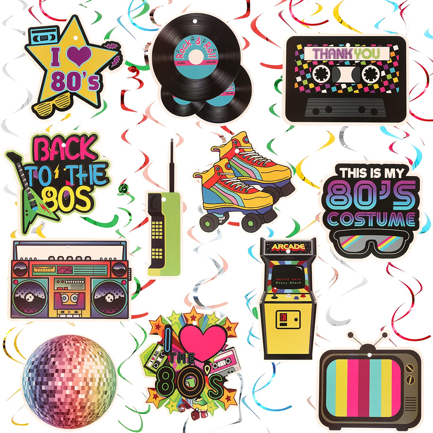 34Pcs 80s Party Decorations Kit 1980s Party Hanging Swirls Ceiling Decorations Back to The 80s Retro Decorations 80's Hip Hop Sign Hanging Swirls Decorations for 80's Party Theme Supplies