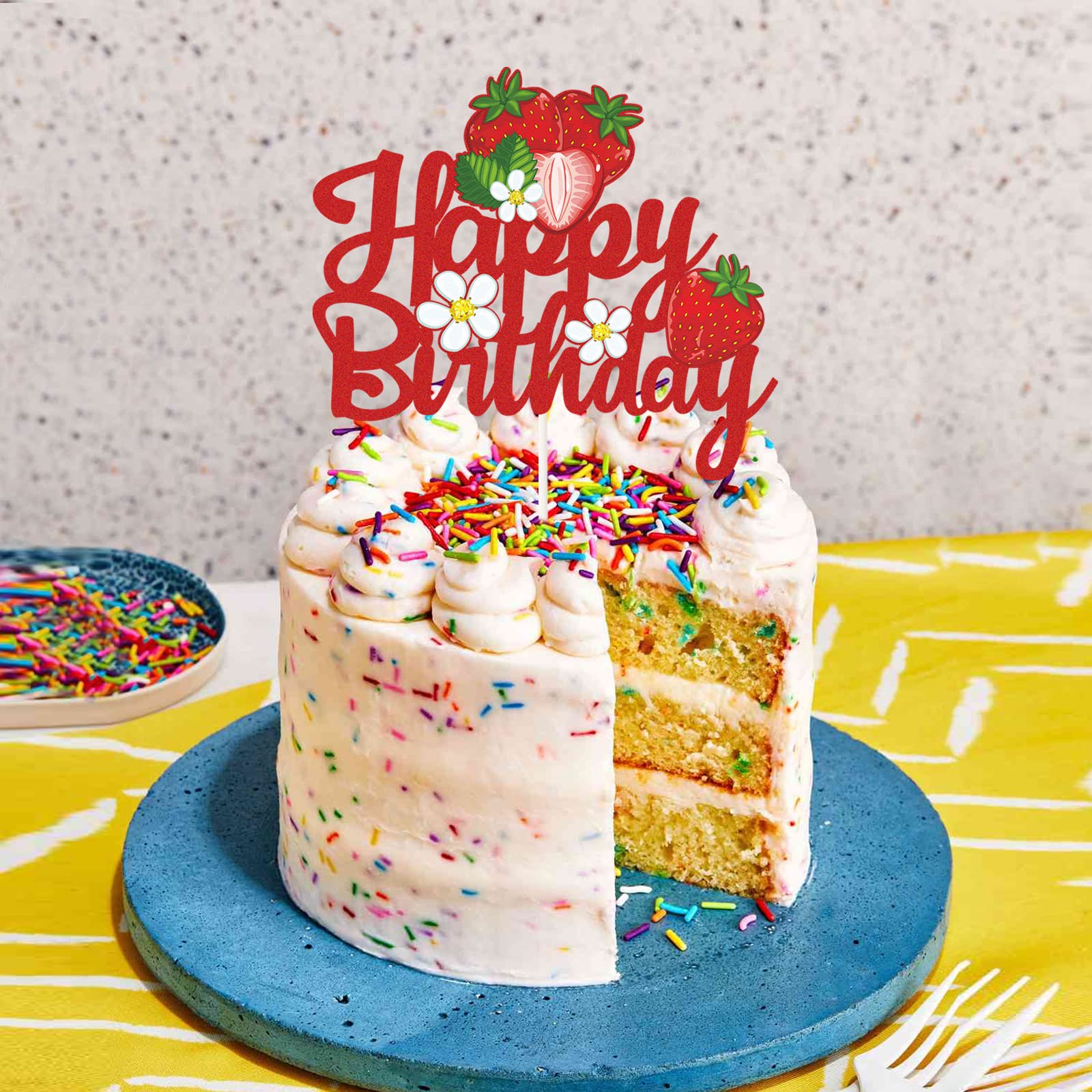 Strawberry Happy Birthday Cake Topper – Glitter Red, 9.1 Inch, Fruit Theme Party Decor For Strawberry Parties - View #8