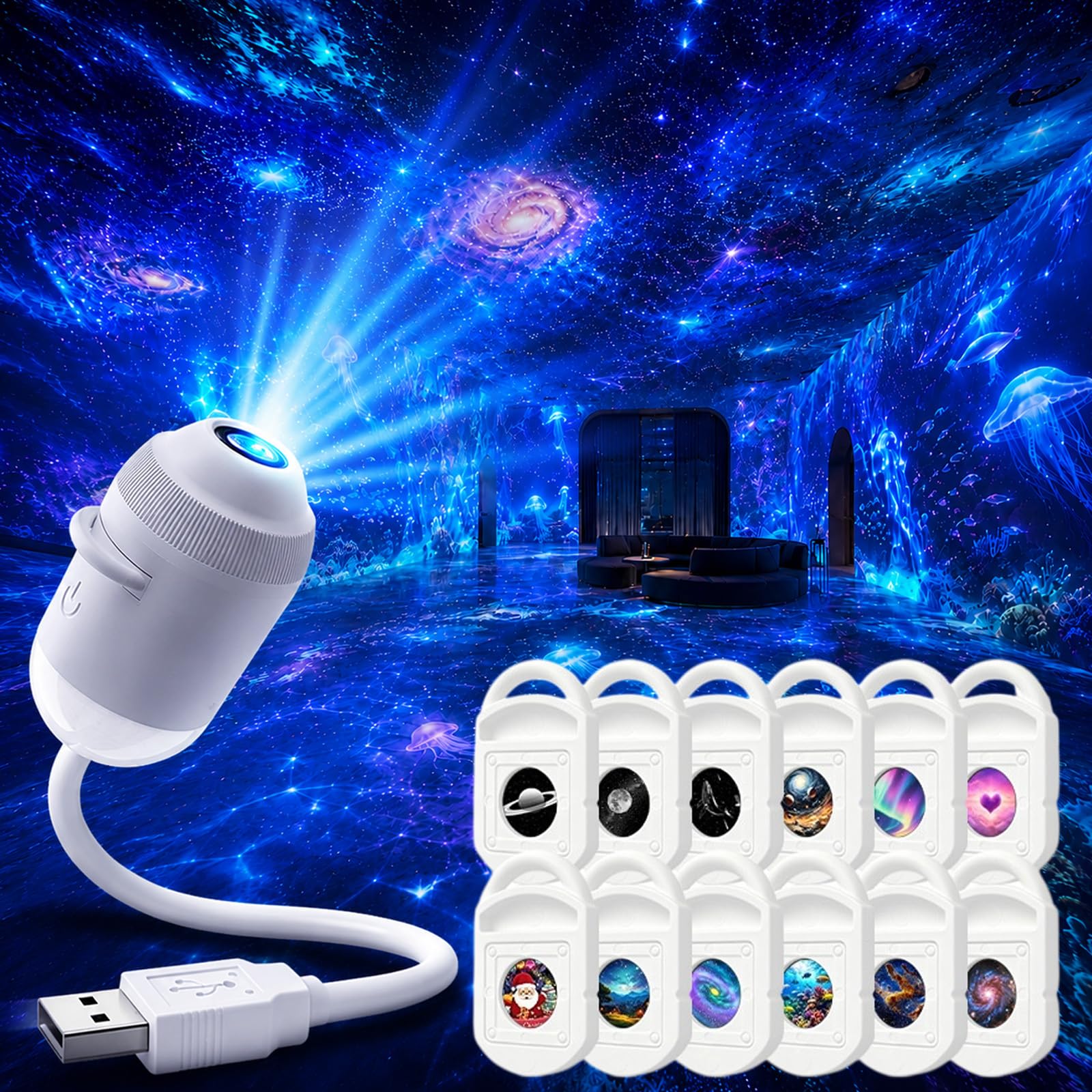 JXpxbao comauo USB Sternenhimmel-Projektor-Nachtlicht, hochauflösender Sternenhimmel-Projektor, geeignet für Schlafzimmerdecken und Autodächer. (Mit 12 Filmen)