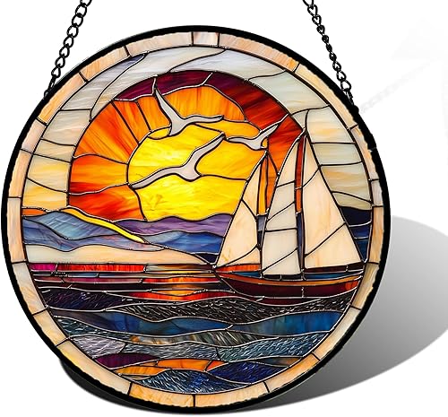 Miniatura 14 de Colgante de Ventana de Vidrio Emplomado Árbol de Navidad Escena Nocturna de Nieve Invernal 6.3" - Atrapasol Puerta Jardín Cocina Atrapasol