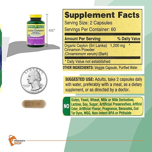 Miniatura 6 de Spring Valley Cápsulas de canela de Ceilán de 1200 mg cápsulas, apoya el metabolismo, pastillas sin OMG y sin gluten + incluye adhesivo