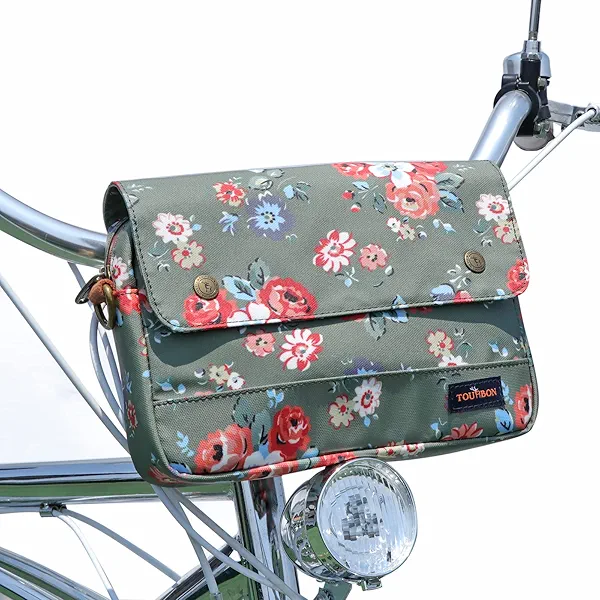 TOURBON Bike Bag Waxed Canvas Bicycle Handlebar Bag Zipper Closure Pouch Crossbar Front Frame Basket Cycling Saddebag Under Seat Strap-on Rear Rack Pannier (Green with Flower)