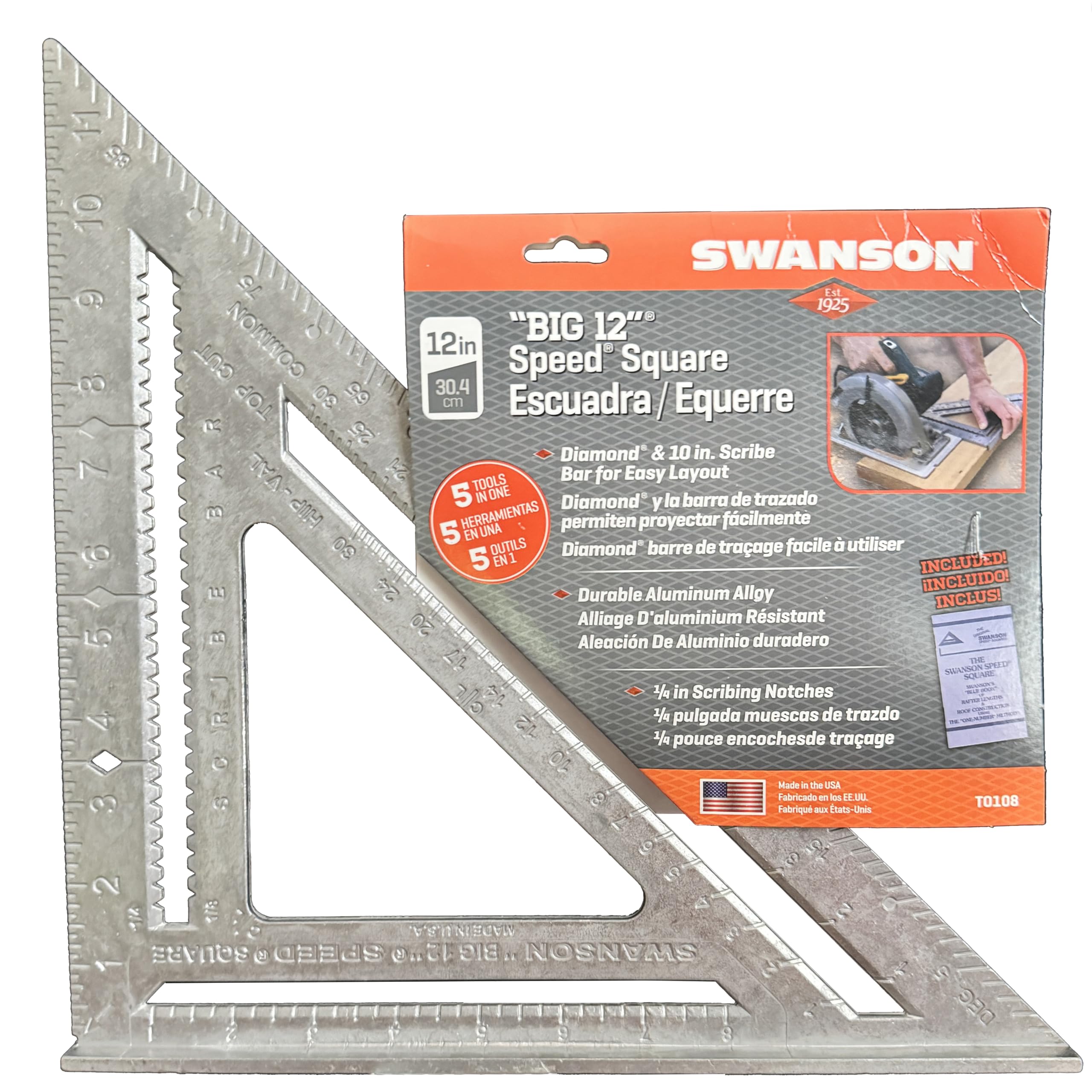 Swanson T0108 Big 12 Speed Square Layout Tool with Blue Book, Plain gradations, 12-Inch