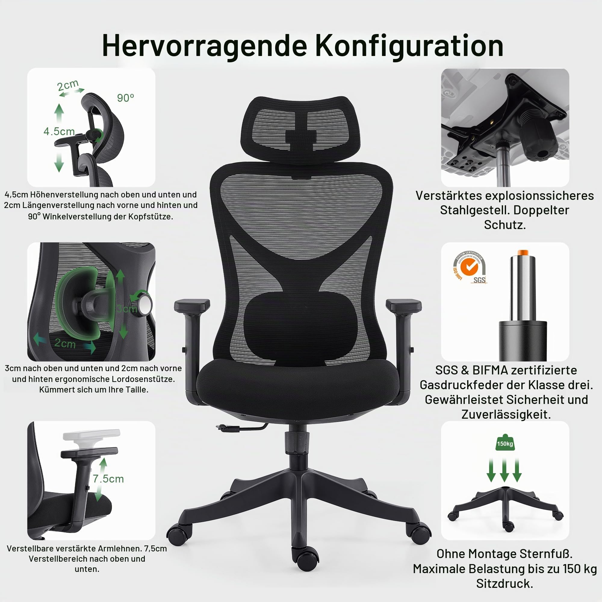 CALIYO G-1635H Bürostuhl Ergonomisch, Schreibtischstuhl mit Verstellbarer Kopfstütze, Armlehnen, Lendenstütze und Wippfunktion – Atmungsaktiver Mesh-Drehstuhl, Gamingstuhl, Bürostuhl 150 kg, Schwarz