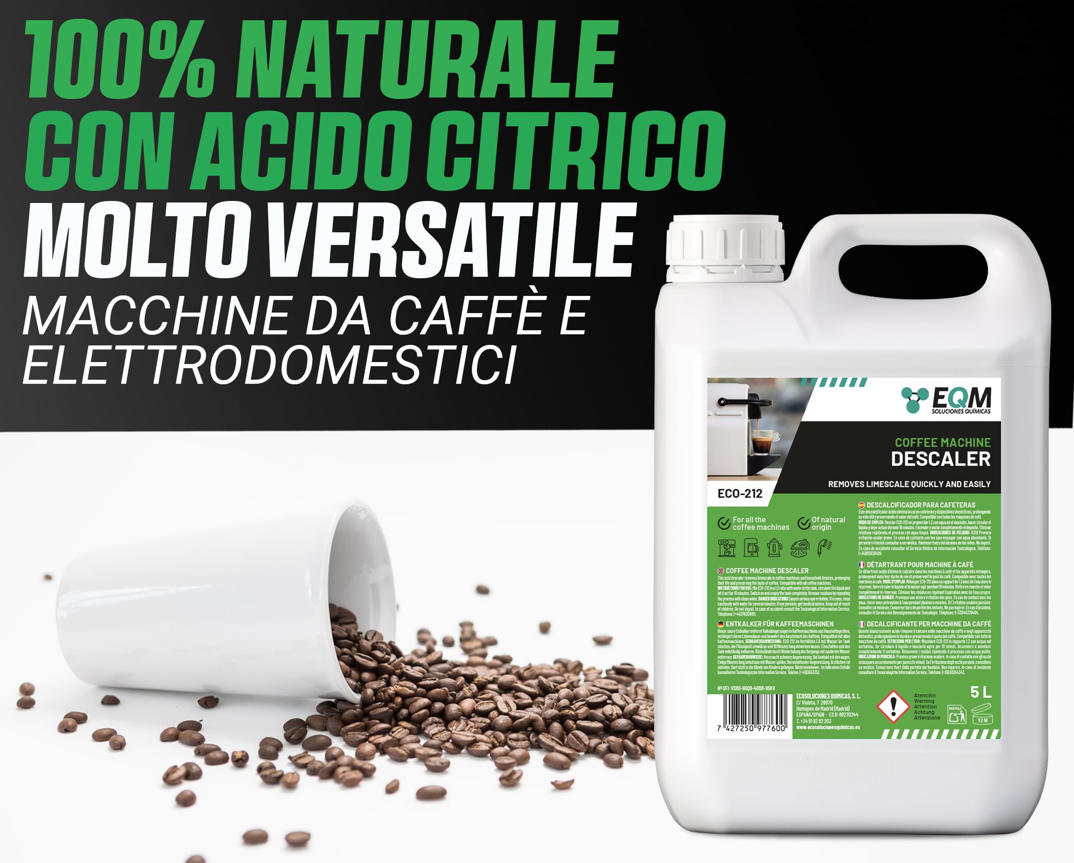 EQM Decalcificante per Macchine da Caffè 5L - 100% Origine Naturale - Compatibile con Tutte le Macchine da Caffè