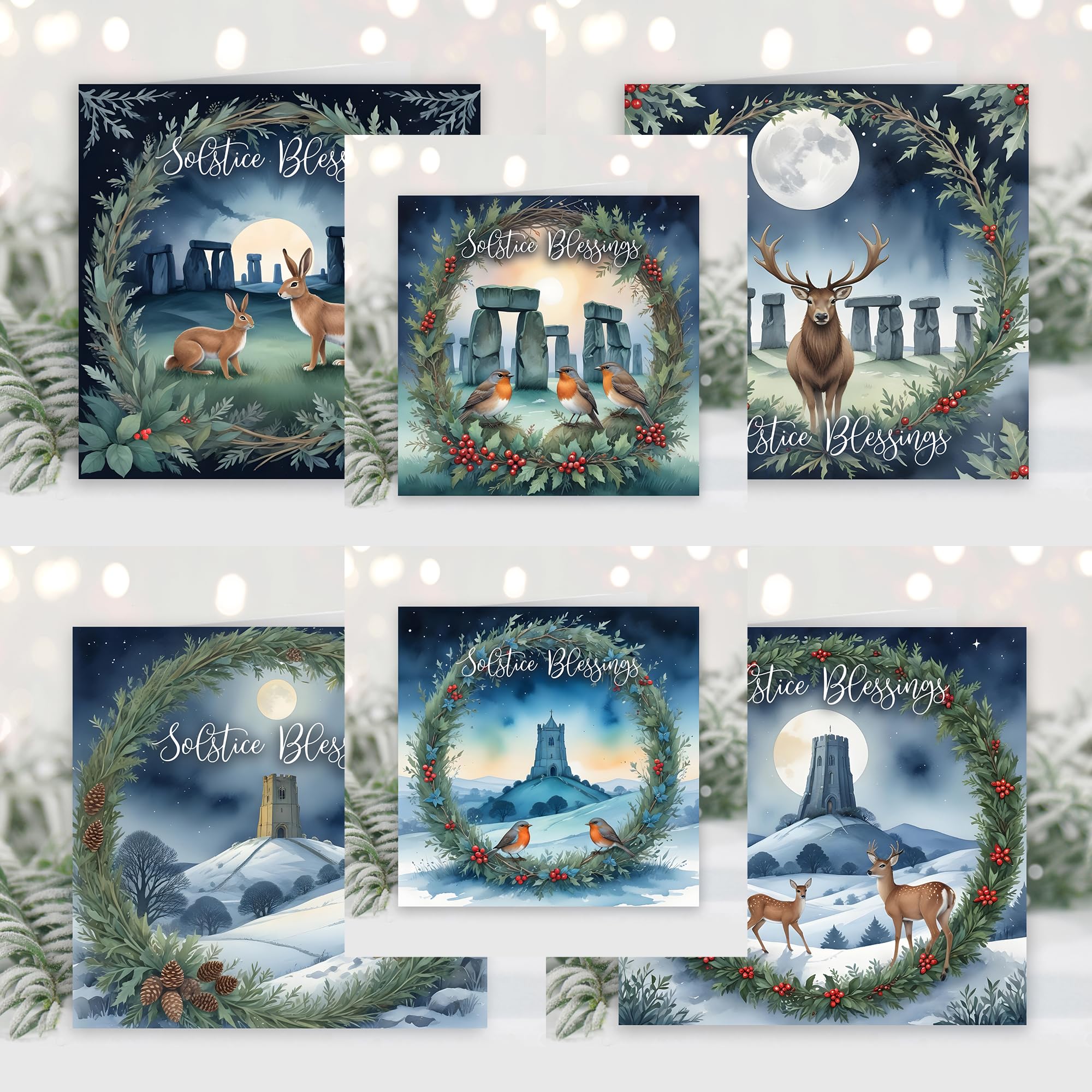 Glastonbury Tor & Stonehenge Pagan Winter's Night, Wicca, Greeting cards to celebrate the Winter Solstice, Yule and Christmas. Buy individually or as packs