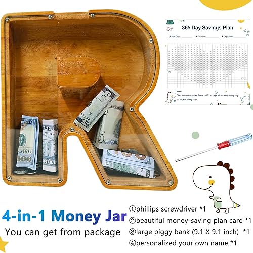 Miniatura 2 de Alcancía de madera personalizada, (nombre grabado láser) tanque creativo de almacenamiento de letras del alfabeto inglés de veintiséis letras