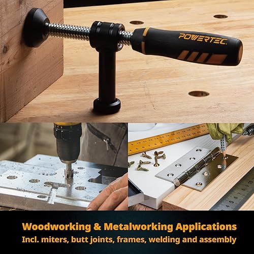 Miniatura 4 de POWERTEC 71771 Abrazadera de tornillo de 90 grados, se adapta a agujeros para perros de banco de 34 pulgadas, serie de abrazaderas para carpintería,