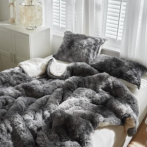 Miniatura 5 de Juego de edredón de lujo de pelo sintético lanudo y esponjoso, tamaño matrimonialqueen, mezcla de pelo largo blanco y negro, 3 piezas de franela de