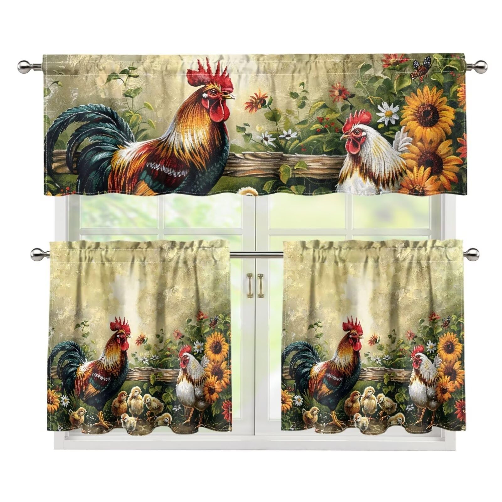Qehuruxo Chicken Print 3 Piece Kitchen Blackout Curtains Elegant Curtains Tier and Valance Window Curtains Set Curtain Sets with ValanceWindow Valances for Bedroom