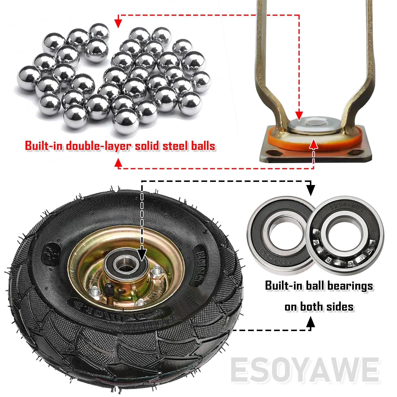 Ruedas neumáticas todo terreno de 200 mm y 250 mm, juego de 2 ruedas giratorias de goma silenciosas con freno, capacidad de carga de 200 kg