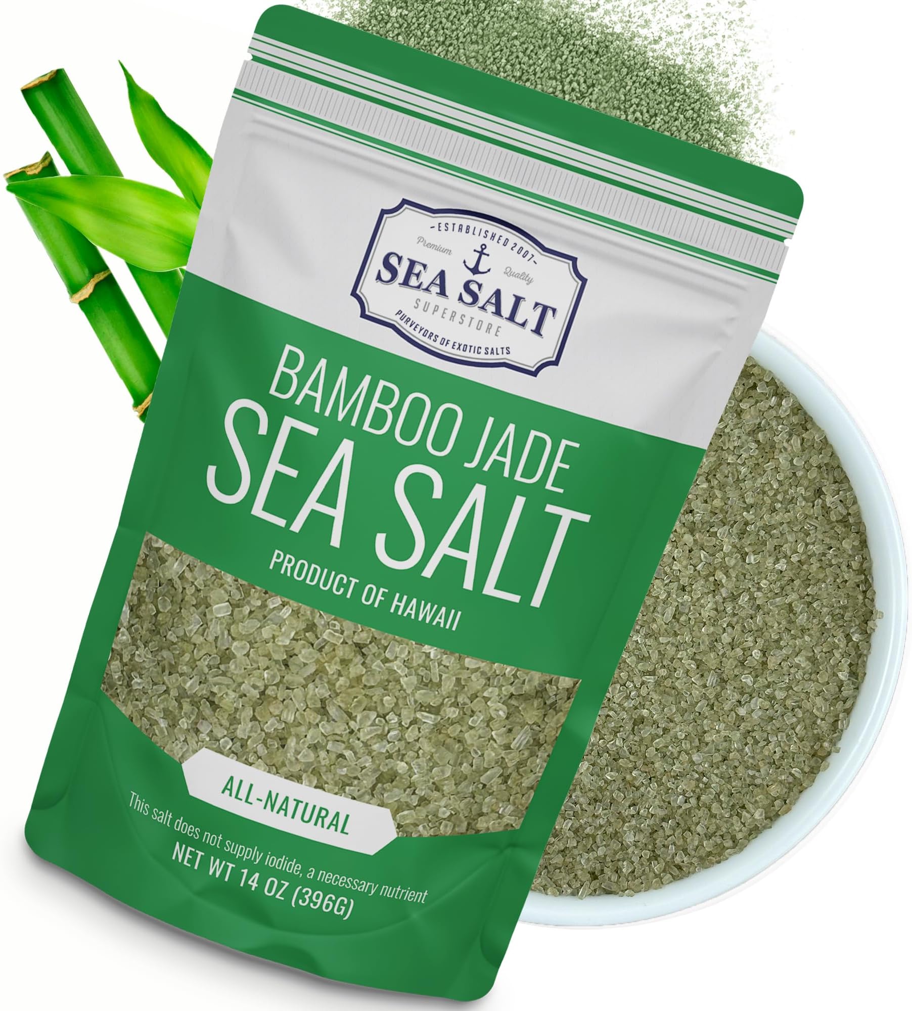 Hawaiian Bamboo Jade Sea Salt – Green Fine Sea Salt Infused with Real Bamboo Leaf Extract – For Finishing, Grilling & Seasoning – 14 oz Bag