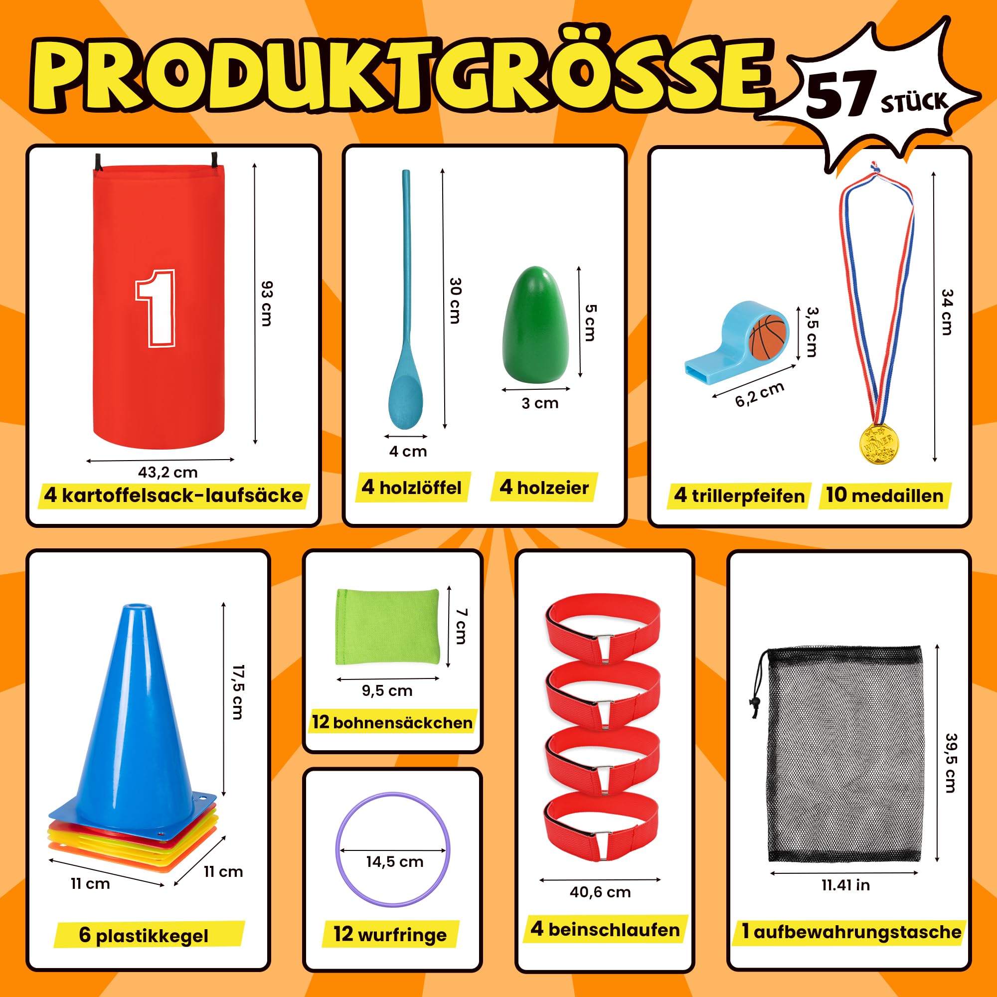 ROPODA Outdoor Spiele für Kinder, 57-teiliges Gartenspielzeug Kinder Erwachsene, Outdoor Spielzeug, Kunststoffkegel, Sitzsäcke, Ringwurfspiel, Eierlauf-Set, Sackhüpfen Säcke, 3Bein Rennen