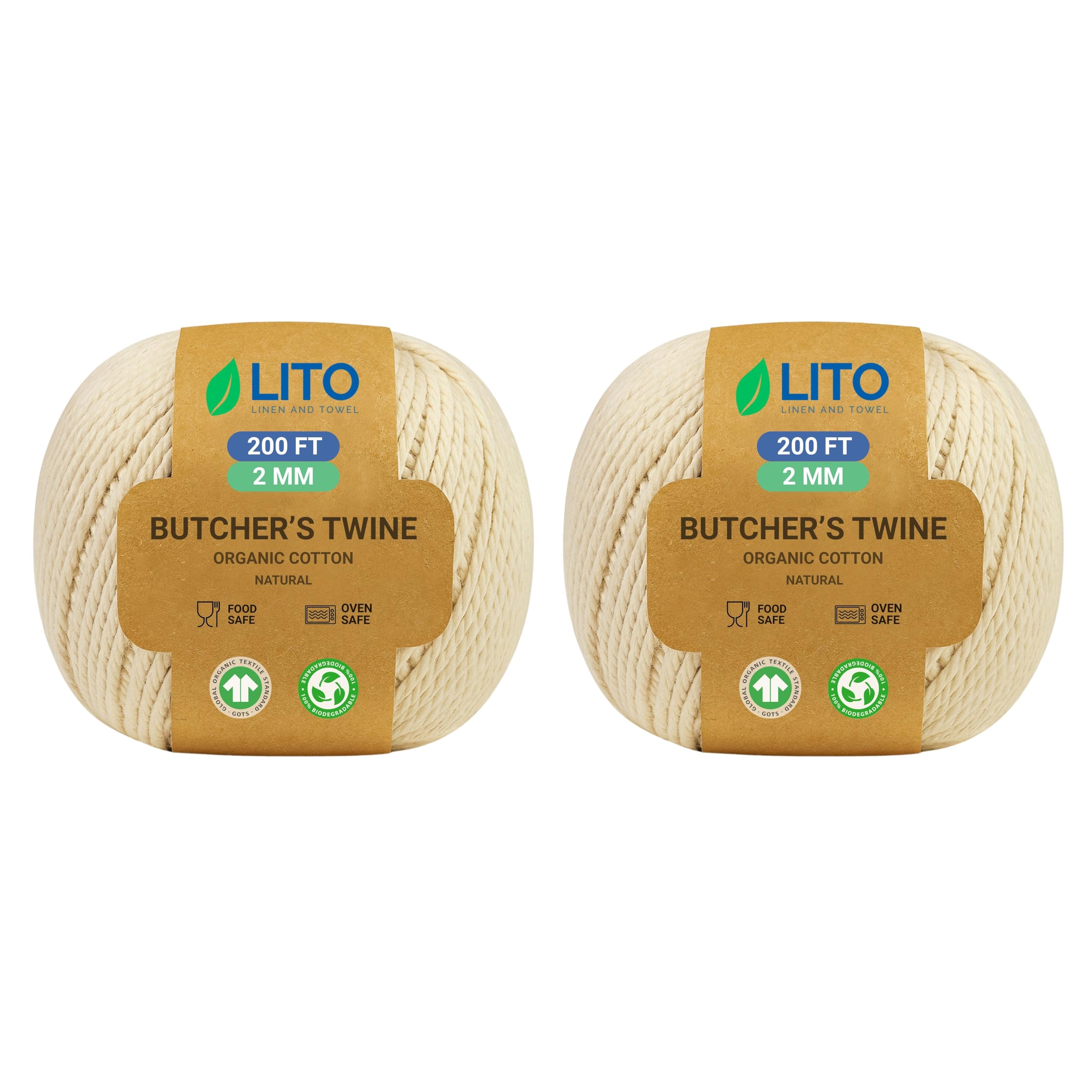 LITO LINEN AND TOWEL 100% Organic Cotton Twine Macrame Thread | Natural Cotton String for Cooking, Baking, Wrapping, Crafts, DIY Garden Decor & Gift Packaging (Natural, 16PLY- 200 FEET- Pack of 2)