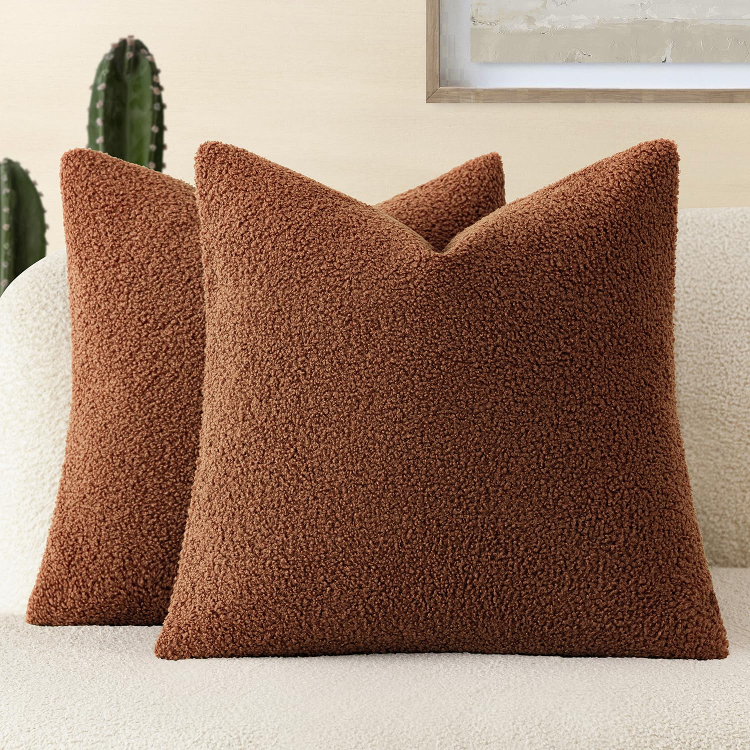 foindtower pack of 2, curly faux fur decorative throw pillow covers soft fuzzy plush cushion case with zipper cozy pillowcase for home living room couch bed sofa 18 x 18 inch,hazel brown