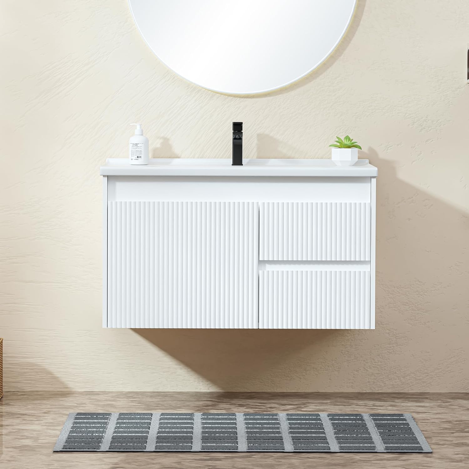 Ymise Floating Bathroom Vanity 32 Inch, Wall Mounted Bathroom Vanity with Ceramic Sink and 2 Drawers for Storage, Modern Wave-Carved Design Wooden Sink Cabinet, White