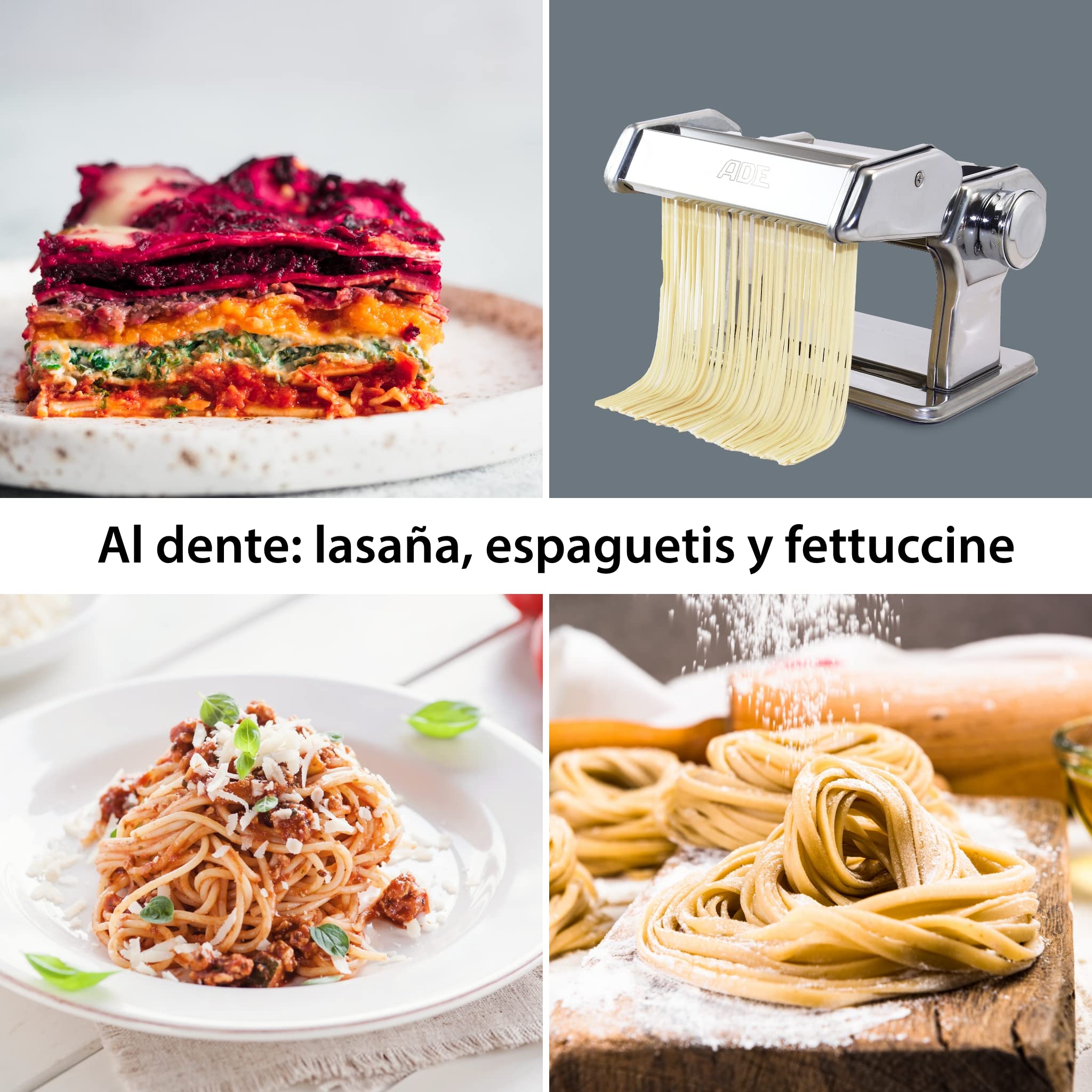ADE Máquina para hacer pasta fresca | 7 espesores de masa para lasaña espaguetis fettucine | con extras: secador de pasta y cepillo de limpieza | pastamaker de acero inoxidable