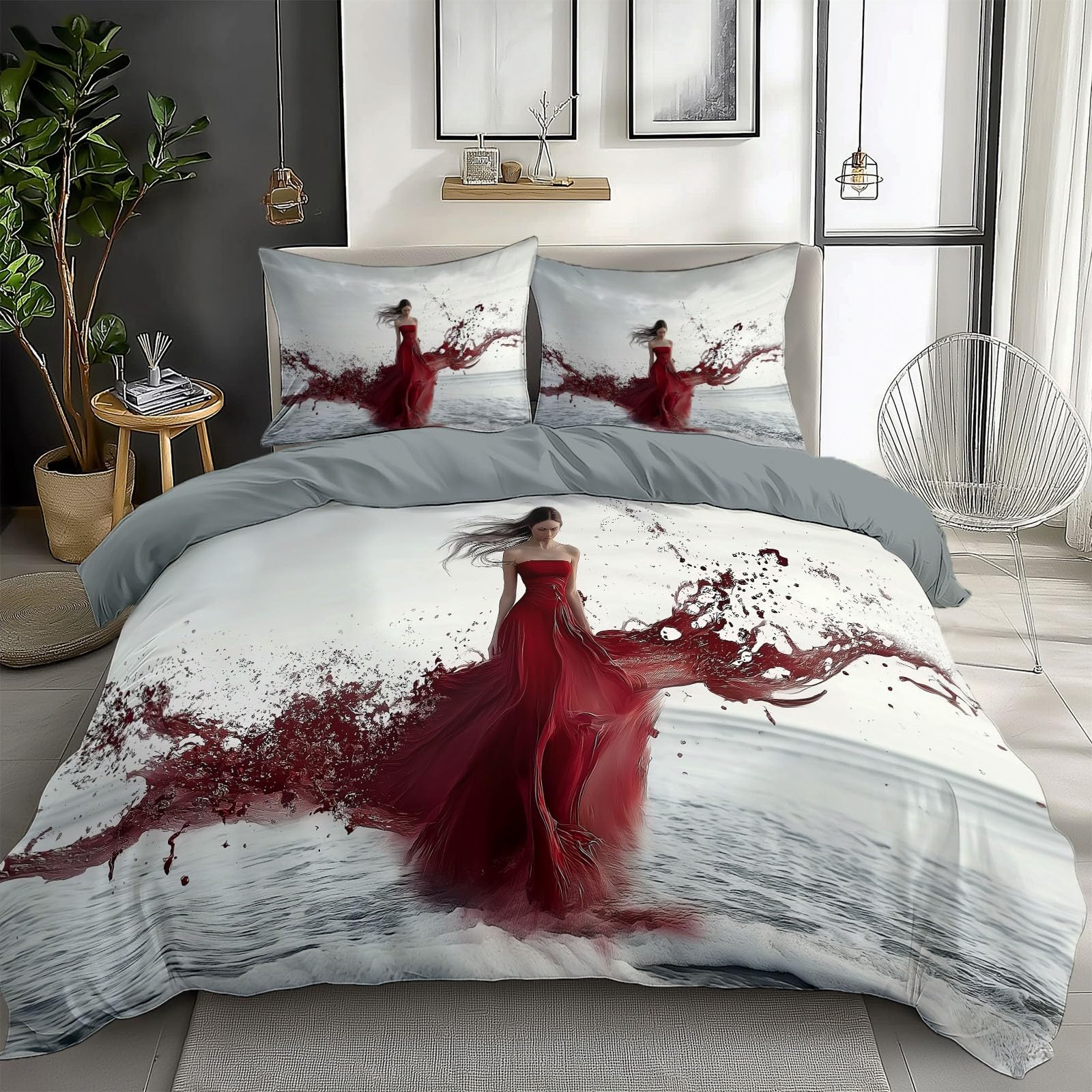 Gray Duvet Cover Queen Size for Kids Teen Abstract Red Dress Girl Print Bedding Sets with 2 Pillowcase, Reversible Super Soft Bedroom Decor Bed Cover 3 Piece for Boys Girls