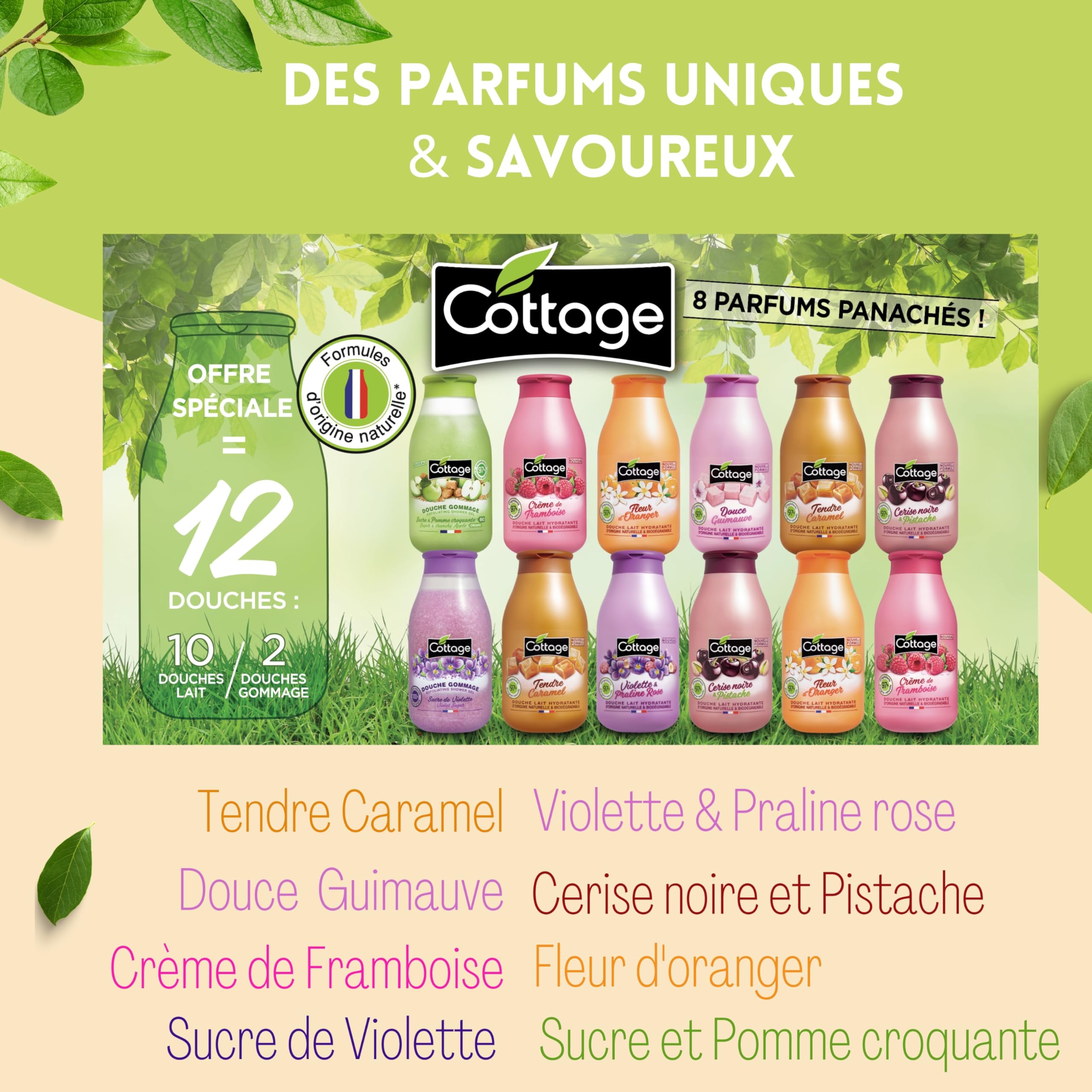 Cottage - offre spéciale lot de 12 gels douches -10 Douches Lait Hydratantes 250 ml + 2 douches Gommage 270 ml - Fabriqué en France