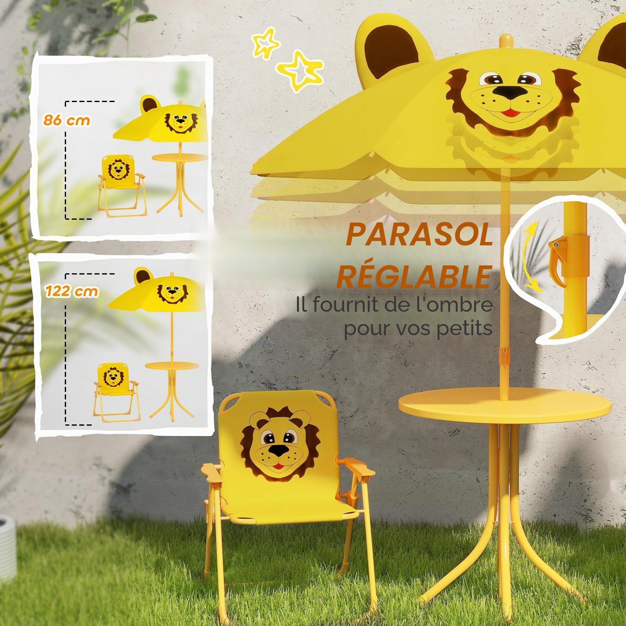 AIYAPLAY Salon de jardin pour enfant avec parasol réglable en hauteur et 2 chaises pliantes - Pour jardin, plage, jaune