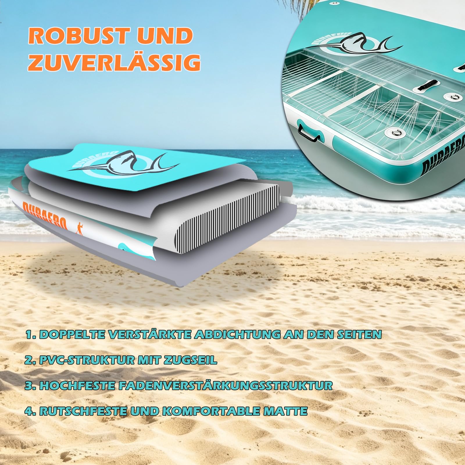DURAERO Plataforma Flotante Hinchable 240 x 180 x 15 cm, Plataforma de Baño hasta 4 Personas, Floating Dock de PVC Drop-Stitch para Barco, Lago y Piscina, con Escalera, Bomba y Kit de Reparación