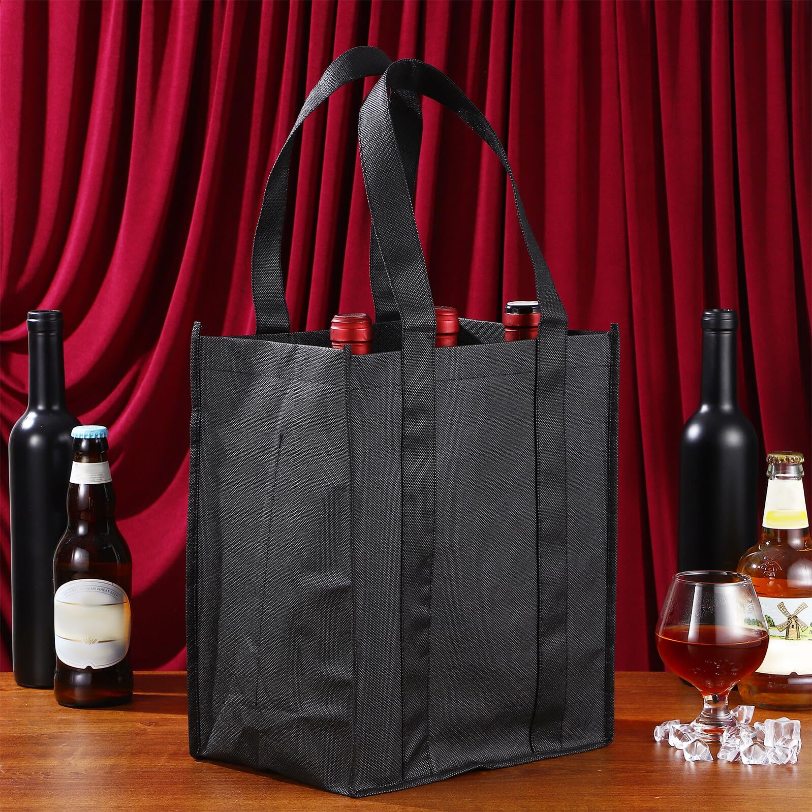 6 Piezas Bolsa de portador de botellas Bolso de botella de vino compartments cumpleaños picnic regalo Black