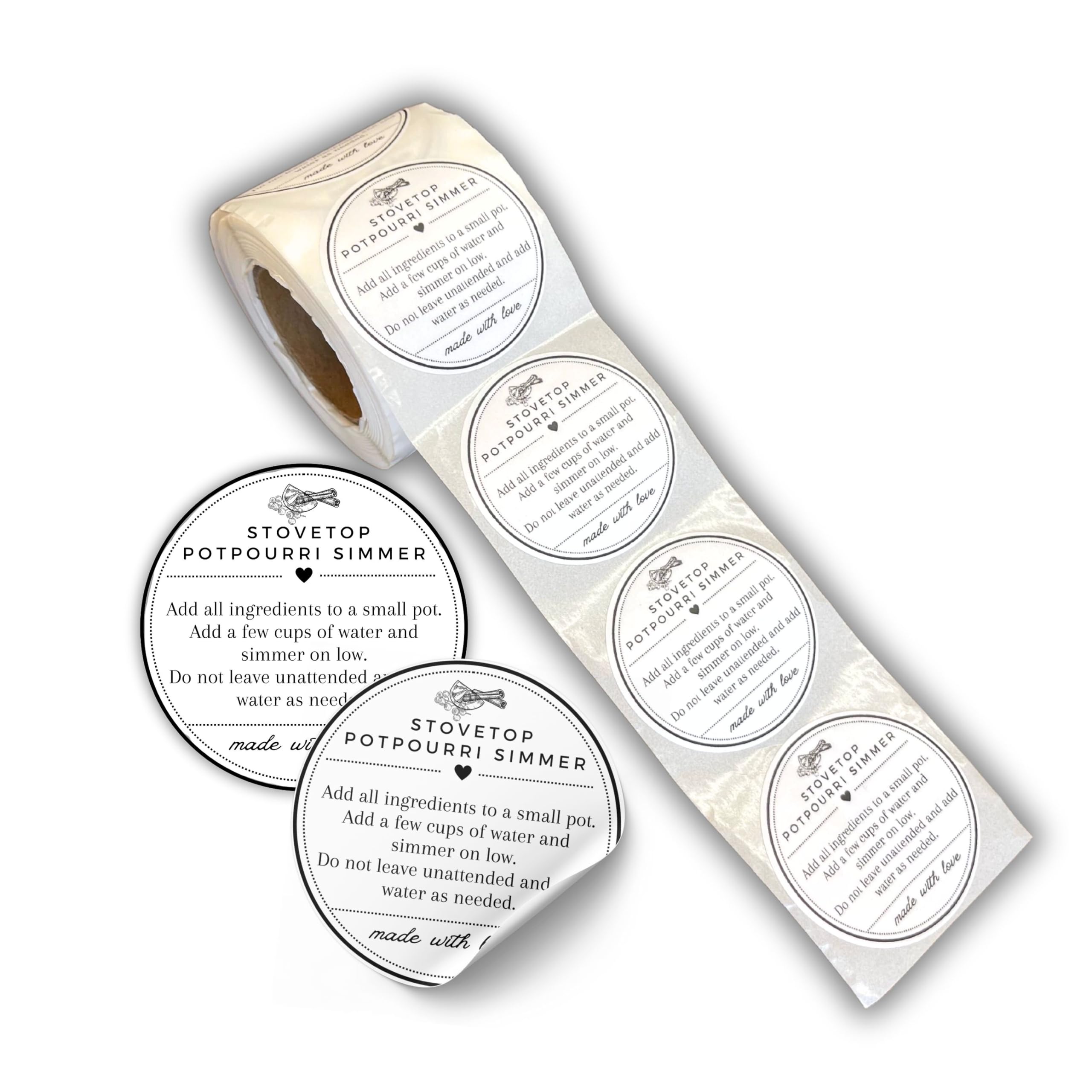 Stovetop Potpourri Instruction Label | 250 pc Roll 2” Circle Label for Package of Stove Top Simmer Christmas Home Scent Use with Glass Saucepan Stove-Top Steamer Pot