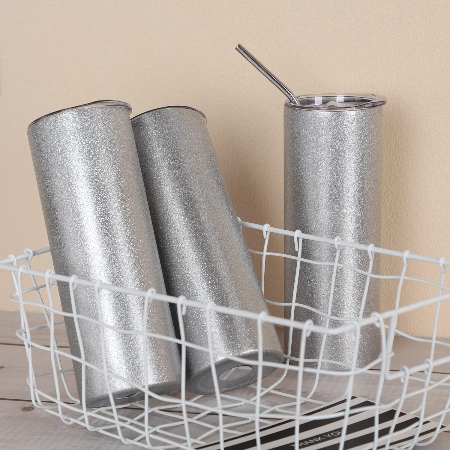 Glitter Sublimation Tumblers 20 Oz Skinny Straight, 8 Pack Sublimation Glitter Skinny Tumbler Blanks, Insulated Stainless Steel Tumbler, Silver - Image 4