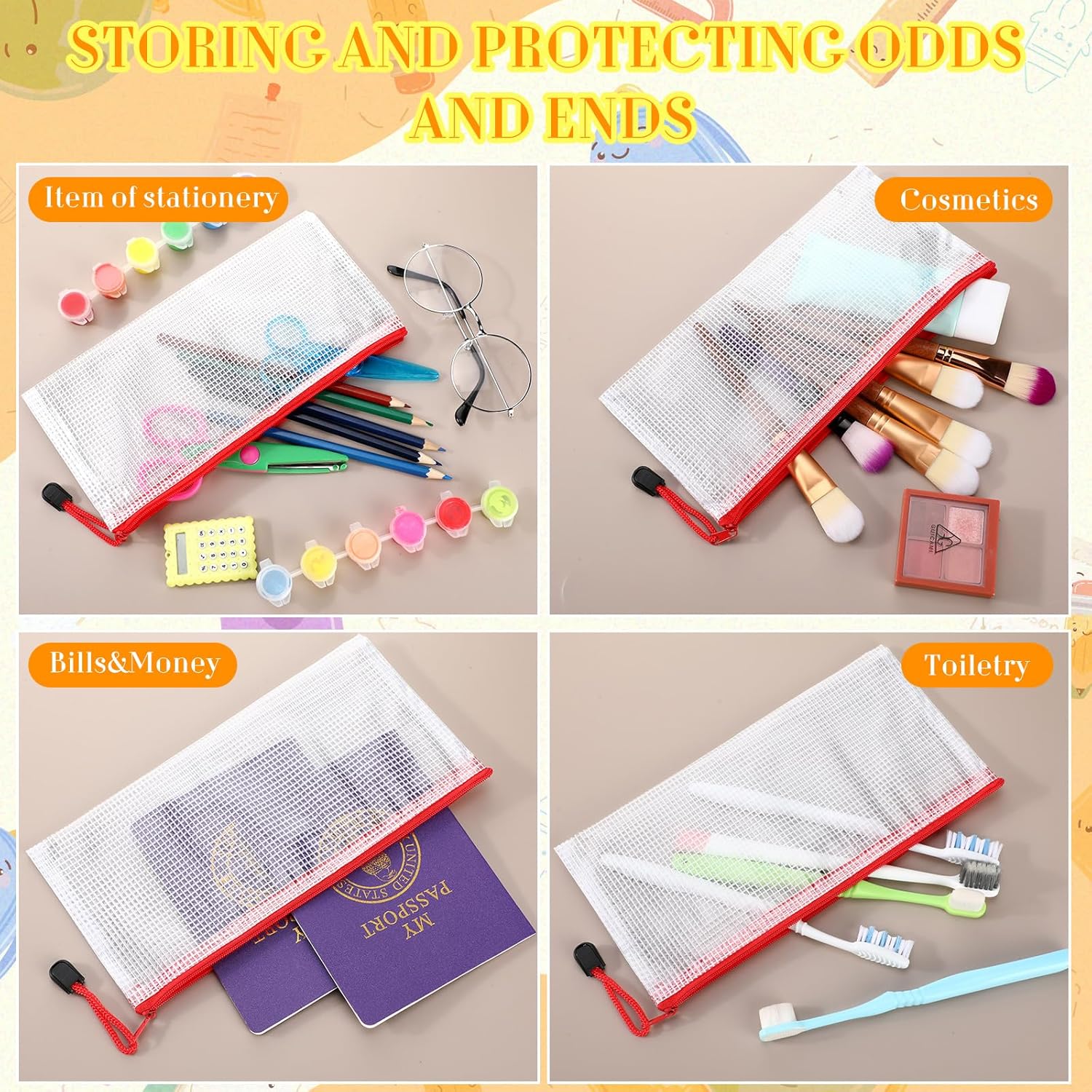 Handepo 100 Pack Mesh Zipper Pouch Pencil Pouches Bulk Clear Storage Bag Small Waterproof Purse Bag Multipurpose for Cash Board Game Passport Office(A6/9.45x4.53in,White Pouch Red Zipper)