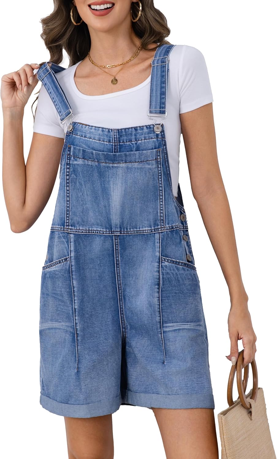 Women's Casual Denim Overalls Shorts Loose Fit Adjustable Straps Summer Bib Shortalls Jeans Cuffed Hem Romper