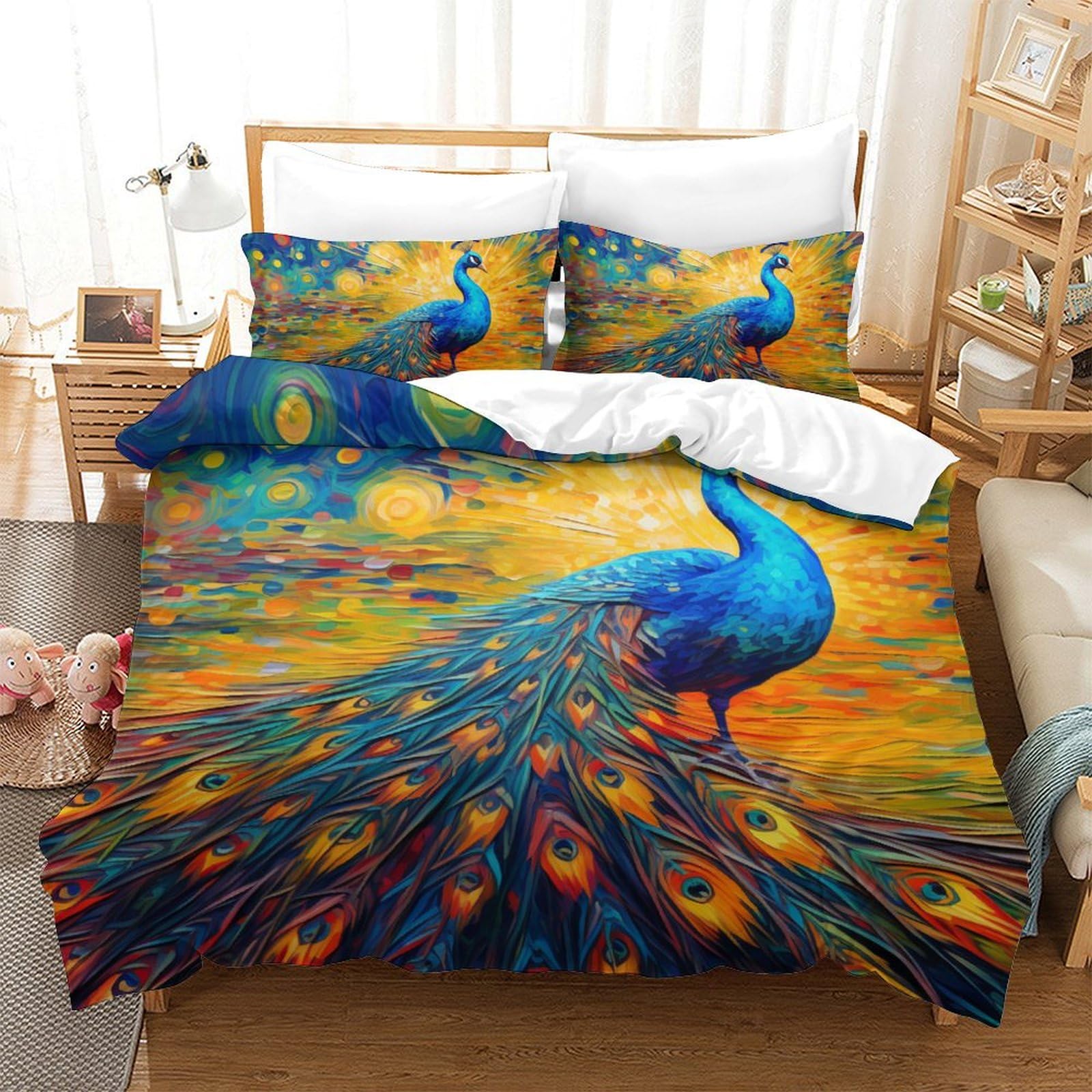 Housse de couette paon 3D en 200x200cm finissez-en avec les couettes qui glissent
