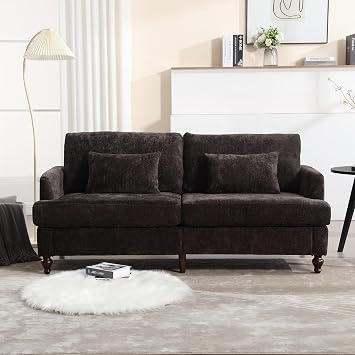 69 Modern Chenille Loveseat Sofa Couch, Upholstered 2 Seat Love Seat, Deep Seat Small Couch with 2 Pillows and Sturdy Wood Legs for Living Room, Bedroom, Apartment Black