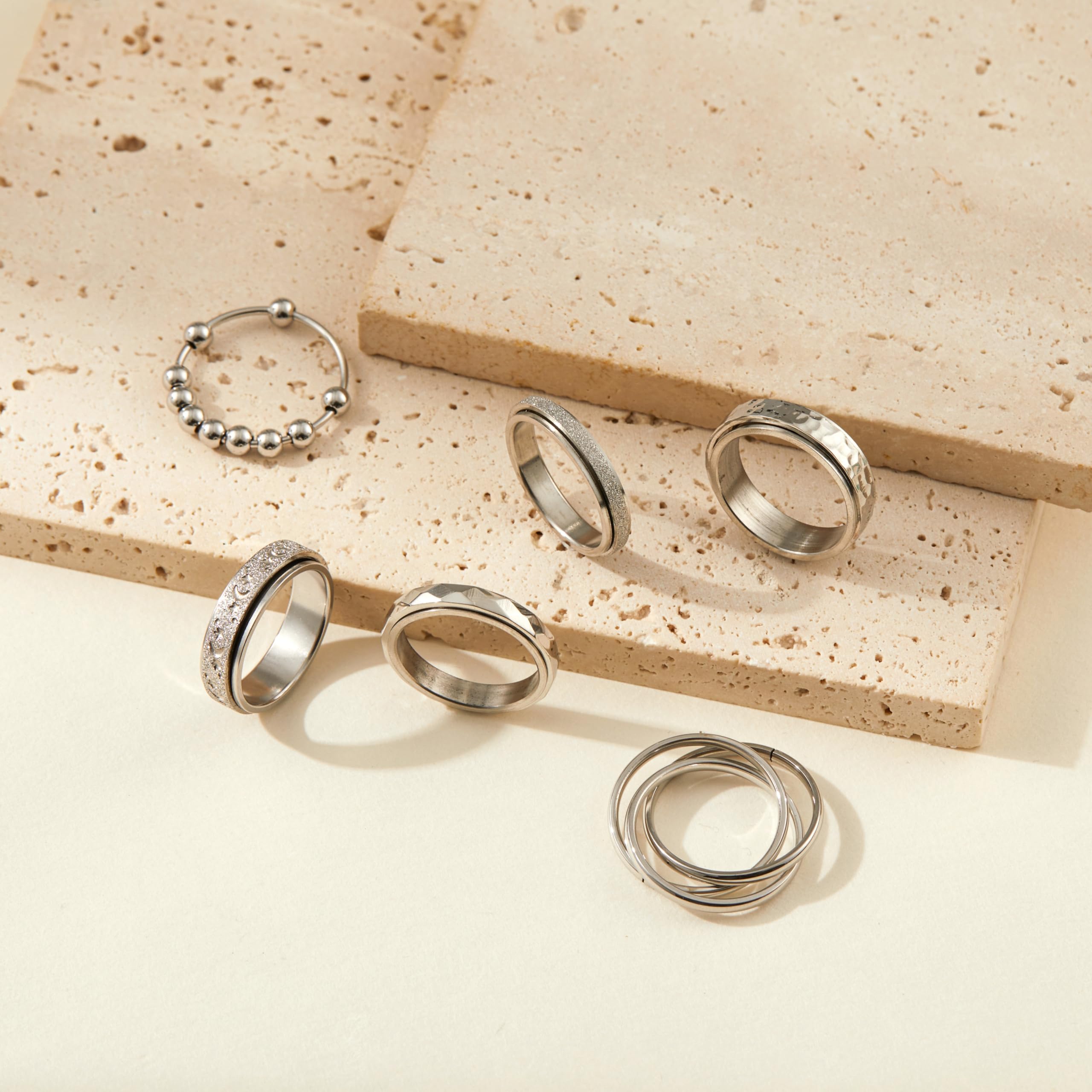 LOFITOR Fidget Rings for Anxiety 6pcs Stainless Steel Spinner Ring Anti Anxiety Ring Spinning Moon Star Cool Stress Relieveing CZ Rings for Women Men Band Rings Set Elegant Silver - Image 2