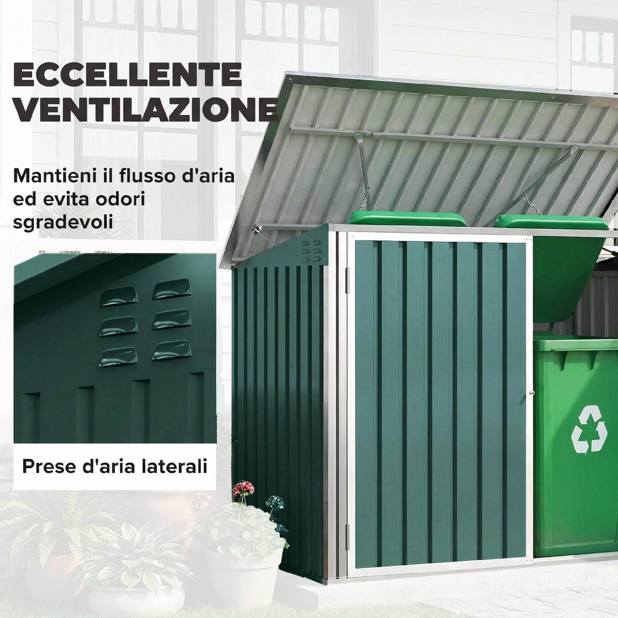 Outsunny Casetta per Spazzatura Esterna 1.91m² in Acciaio Zincato con 2 Porte Bloccabili, Contenitore per Bidoni Rifiuti con Tetto Apribile Prese d'aria, Capanno da Giardino per 2 Bidoni, Verde - 5