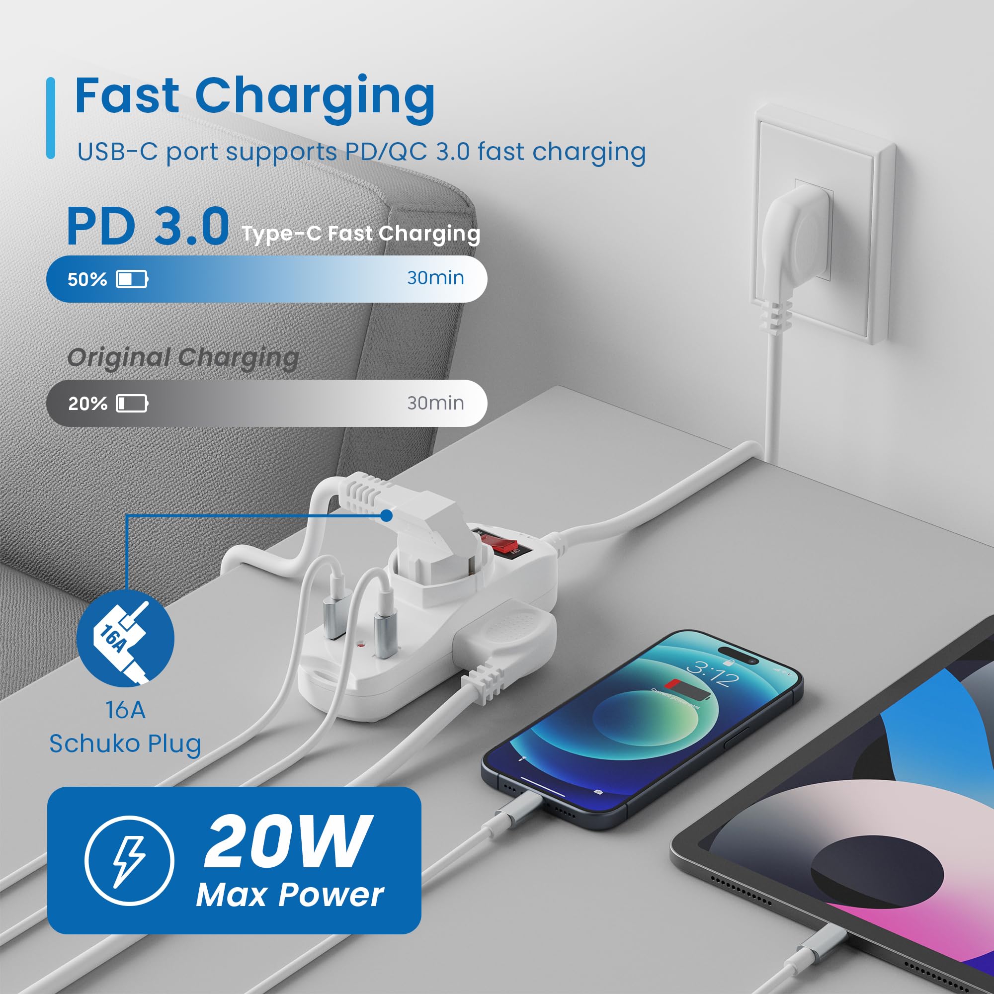Ewent Listwa zasilająca z 3 gniazdami (2 A/Schuko) i 1 portem USB-A i 1 portem USB-C, przełącznikiem ON/OFF, 2500 W, ochrona przed przeciążeniem i dziećmi, wtyczka IT10A i kabel 1,5 m, biały
