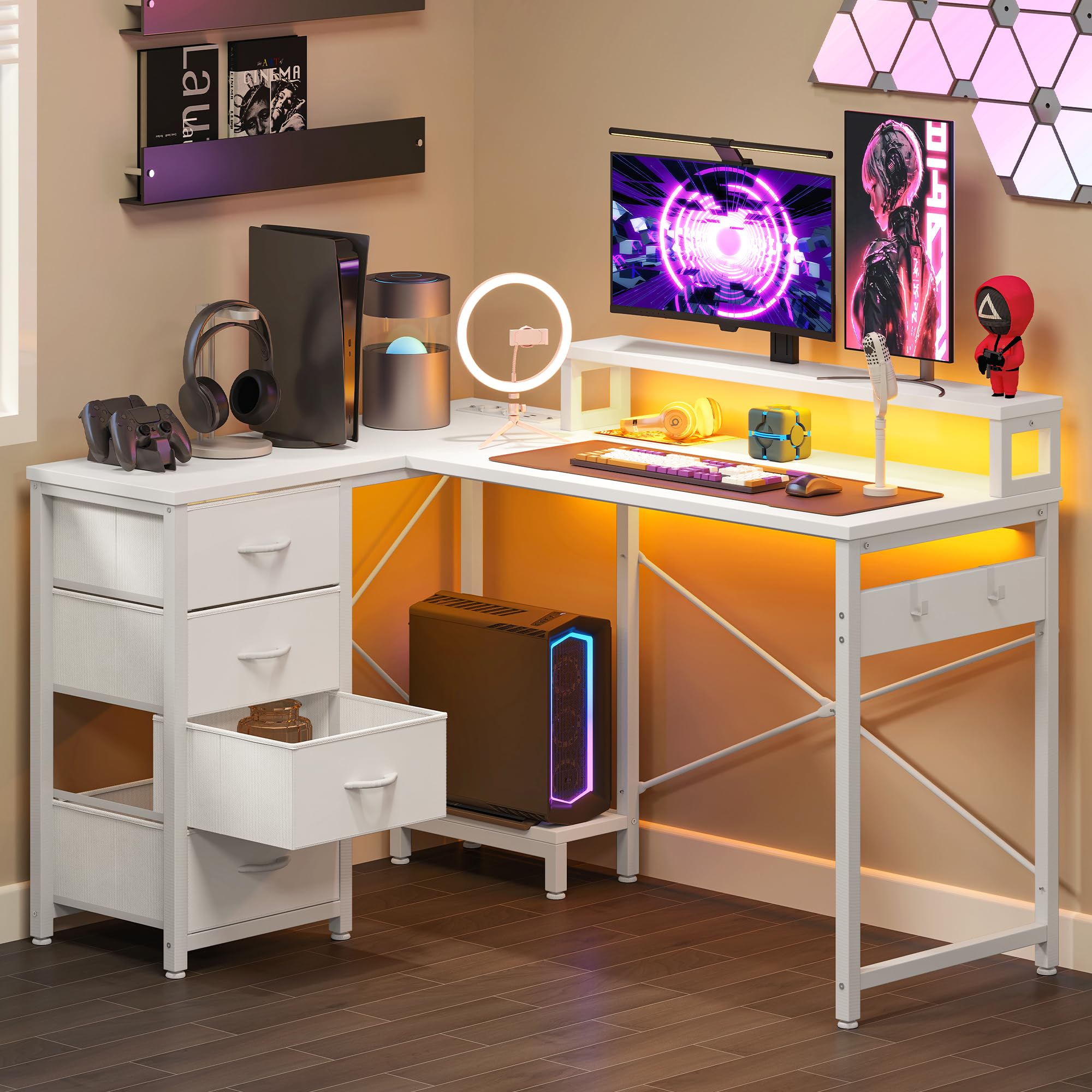 YITAHOME Mesa Escritorio con Estante de Almacenamiento de Bricolaje de 4 Niveles, Escritorio Ordenador con 2 Puertos USB y Enchufes para Oficina, Estudio, Sala de Estar, 130x100x75cm, Blanco