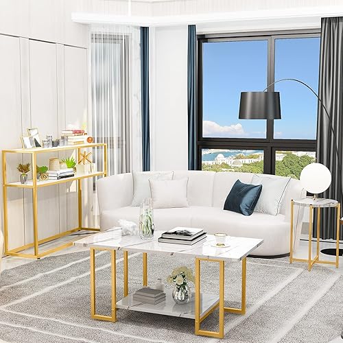 Lamerge Juego de 3 mesas de café moderno juego de mesa de sala de estar con marco de metal dorado mesa de centro de mármol sintético con mesa