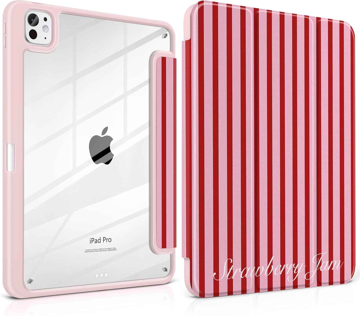 Case for iPad Pro 13 inch (M5) 2025 (M4) 2024 Release Cute Red Pink Striped Trifold Stand Cover with Clear Back Auto Wake Sleep Aesthetic Preppy Design for Girls Women, Stripe